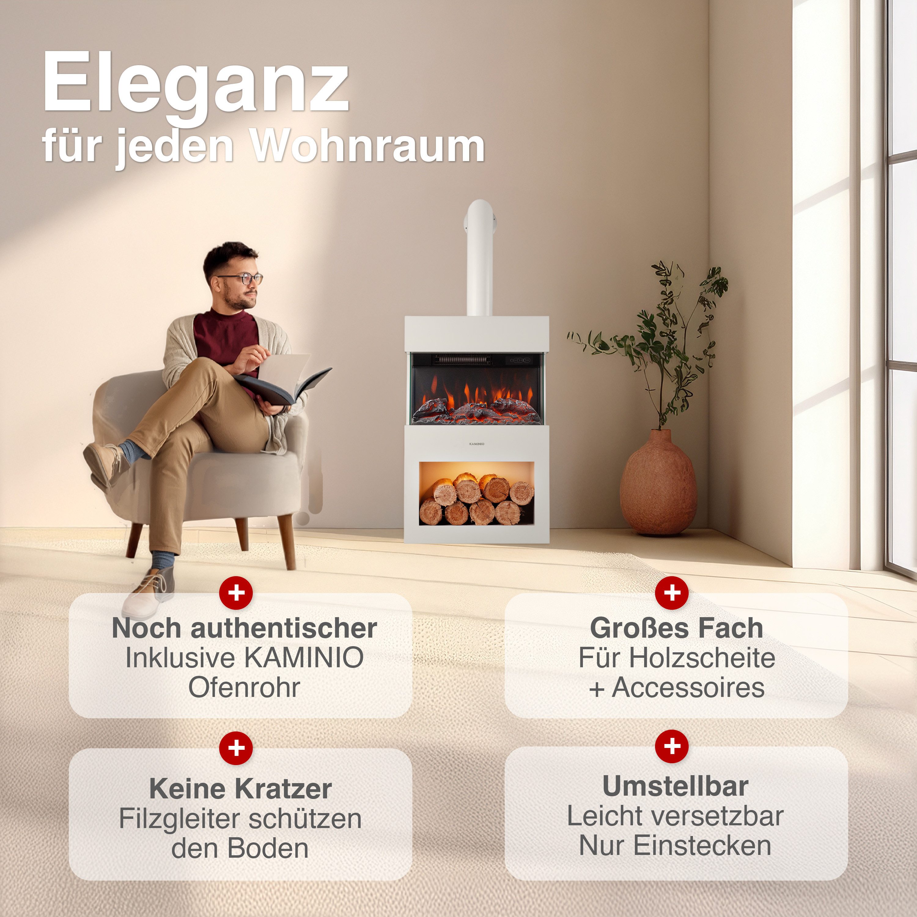 KAMINIO Elektrokamin HENRI mit Abzugsrohr, Elektrischer Kamin mit 3D-Flammeneffekt, Heizung 2000W