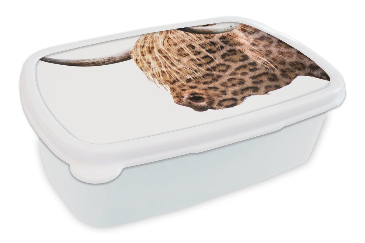MuchoWow Lunchbox Schottischer Highlander - Pantherdruck - Weiß, Kunststoff, (2-tlg), Brotbox für Kinder und Erwachsene, Brotdose, für Jungs und Mädchen