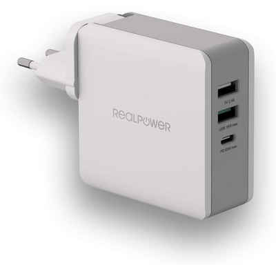 Realpower DeskCharge-65 Travel USB-Ladegerät (3-Port 65W, USB Netzteil, Reiseadapter, USB-C, PD, Rapid Charge)