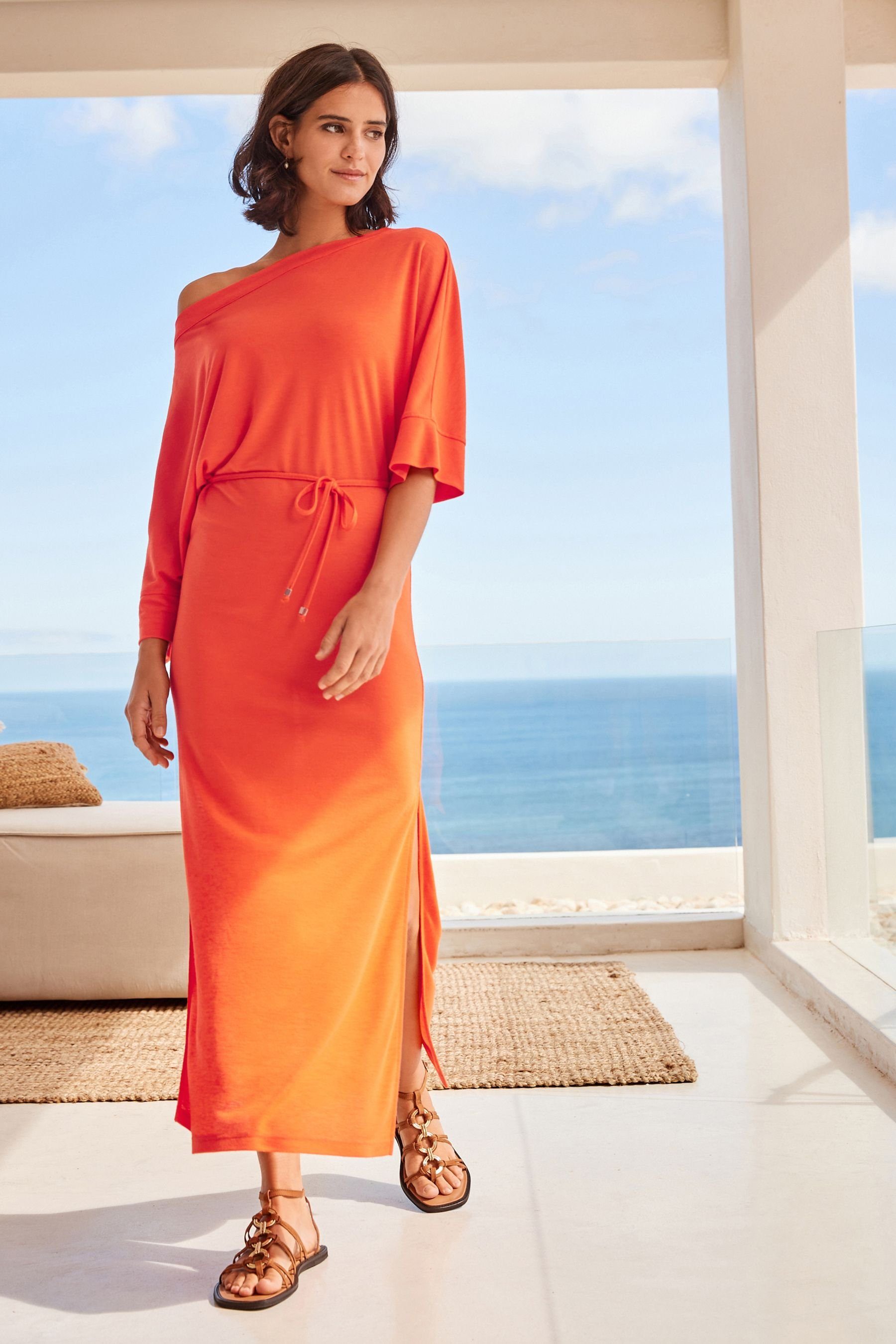 Next One-Shoulder-Kleid Asymmetrisches Kleid (1-tlg) U-Boot-Ausschnitt mit Orange