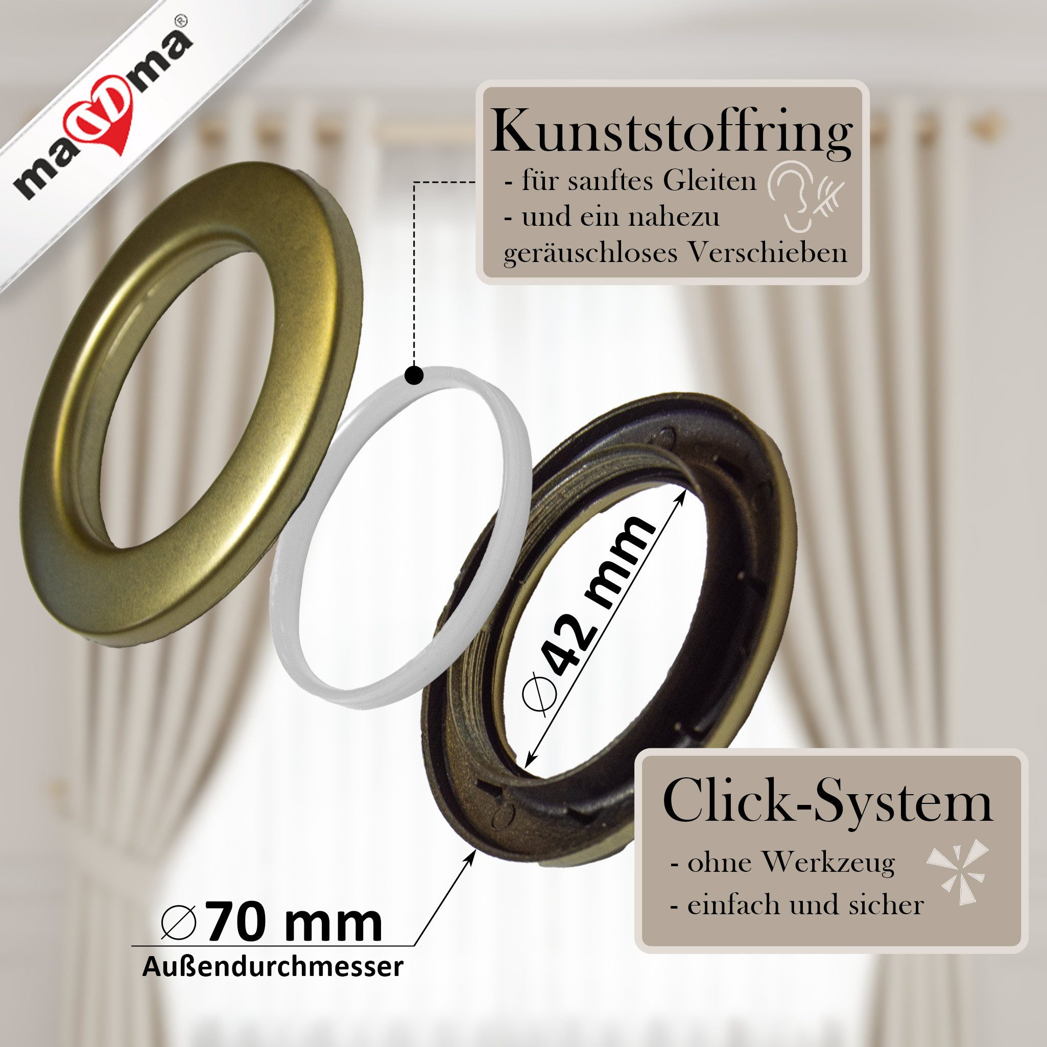 maDDma Stoffösen Stofföse Gardinenringe 10 Stück Ø42 mm Click-Öse Ösenring Gardinenöse, Ideal für klassische Vorhänge, dekorative Schals, leichte Stoffbahnen, Trennvorhänge oder kreative Heimwerkerprojekte wie Raumteiler oder Stoffdekorationen., (10 Stück, 10-St), silber