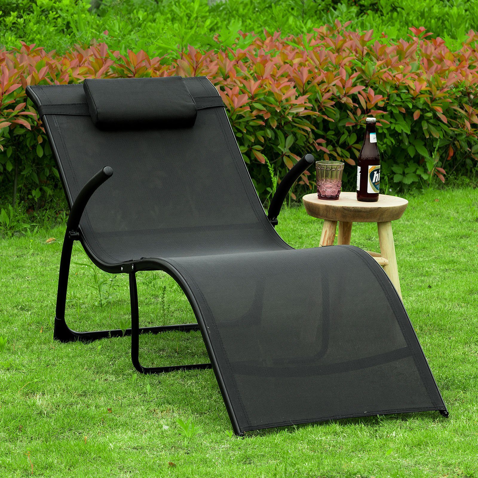 SoBuy Gartenliege OGS45 Sonnenliege klappbar Relaxstuhl Liegestuhl mit  Kopfkissen Klappliege Schwarz Belastbarkeit 150 kg
