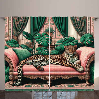 Gardine Schlafzimmer Kräuselband Vorhang mit Schlaufen und Haken, Abakuhaus, Leopard Boho Katzen Vibes
