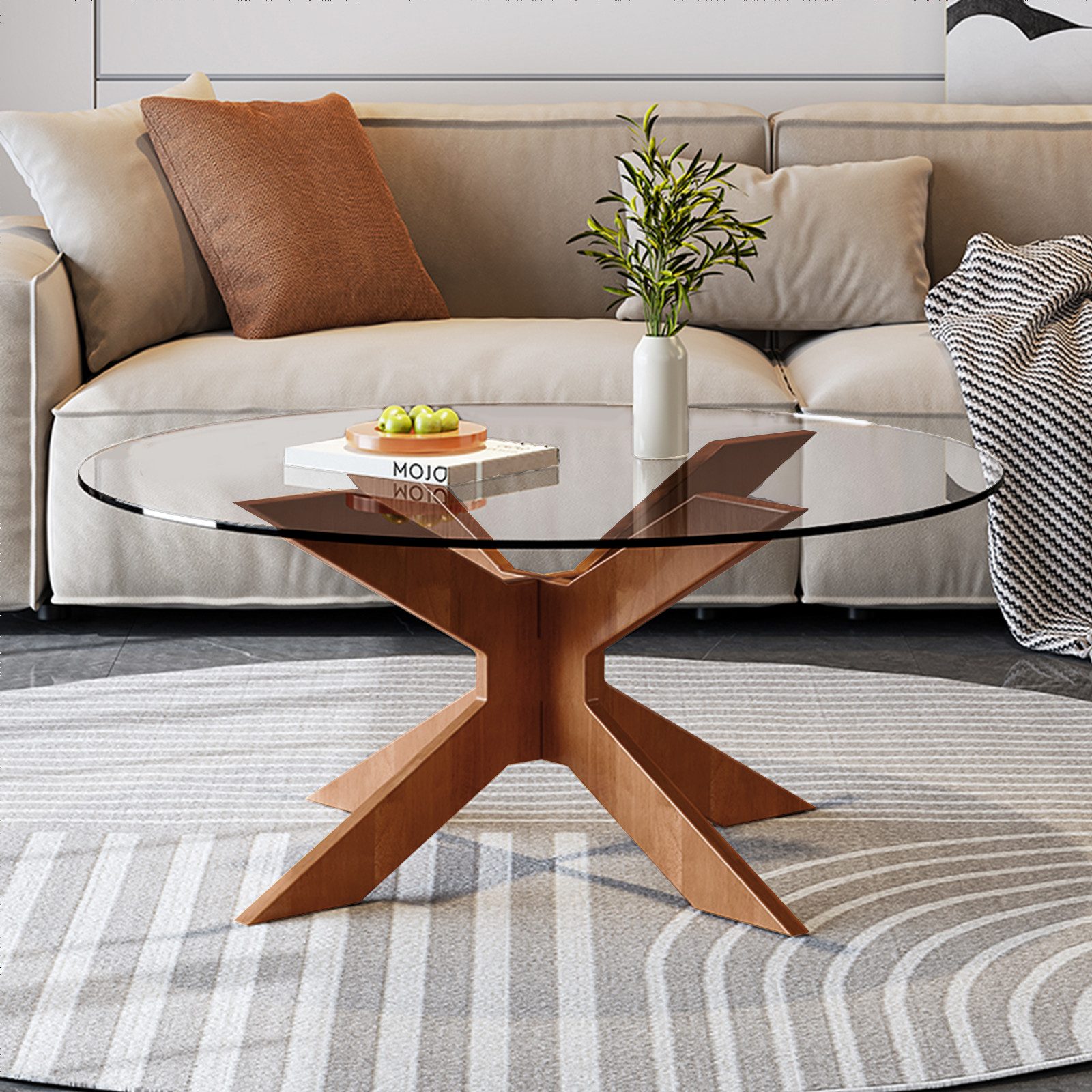 TWSOUL Couchtisch Runder Couchtisch, Glasplatte, Durchmesser 70cm, X-Strukt günstig online kaufen