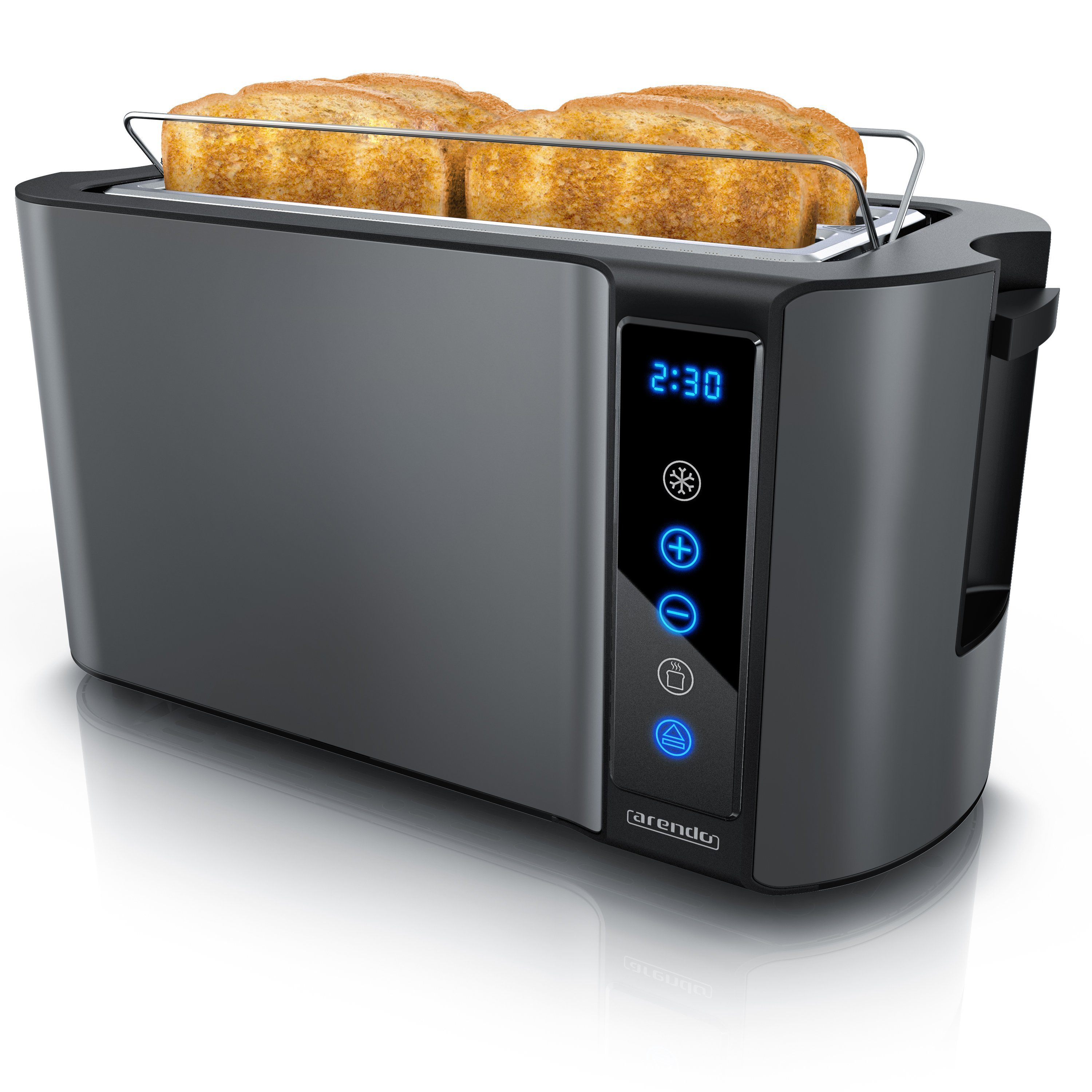 Arendo Toaster 4-Scheiben, Wärmeisoliertes Doppelwandgehäuse, Display Restzeitanzeige, 2 lange Schlitze, für 4 Scheiben, 1500 W, Langschlitz, Brötchenaufsatz, Brotscheibenzentrierung, Touchpanel