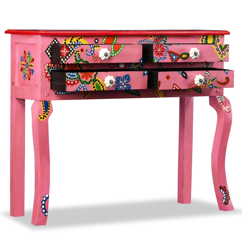 furnicato Konsolentisch Vollholz 90 x 30 x 76 cm Mehrfarbig (Rosatöne) (1-St), Handbemalte Beistellkommode mit 4 Schubladen für das Schlafzimmer