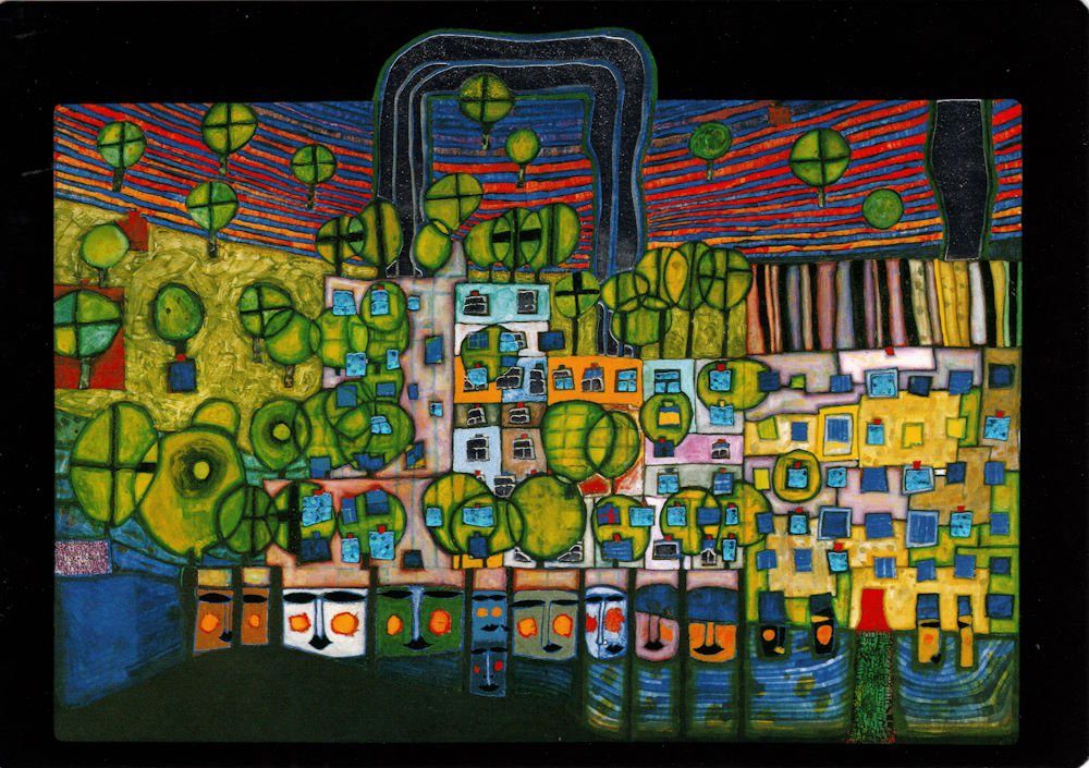 Postkarte Kunstkarte Hundertwasser "Loewengasse - Die dritte Haut"
