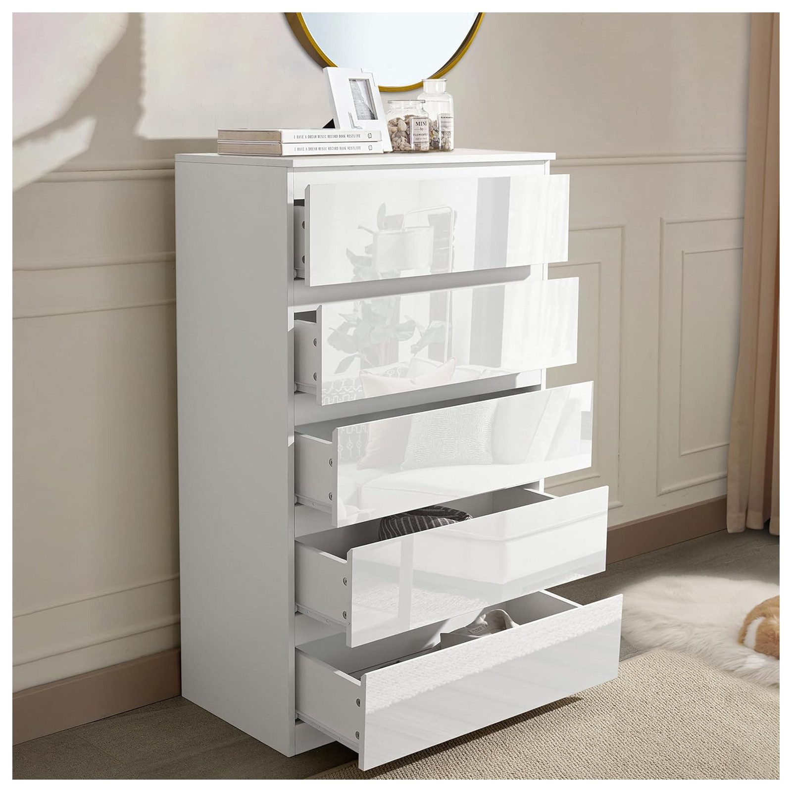 HTI-Living Kommode Kommode Kenji 5 Schubladen Hochglanz Weiß (Stück, 1 St., 1 Kommode), Sideboard