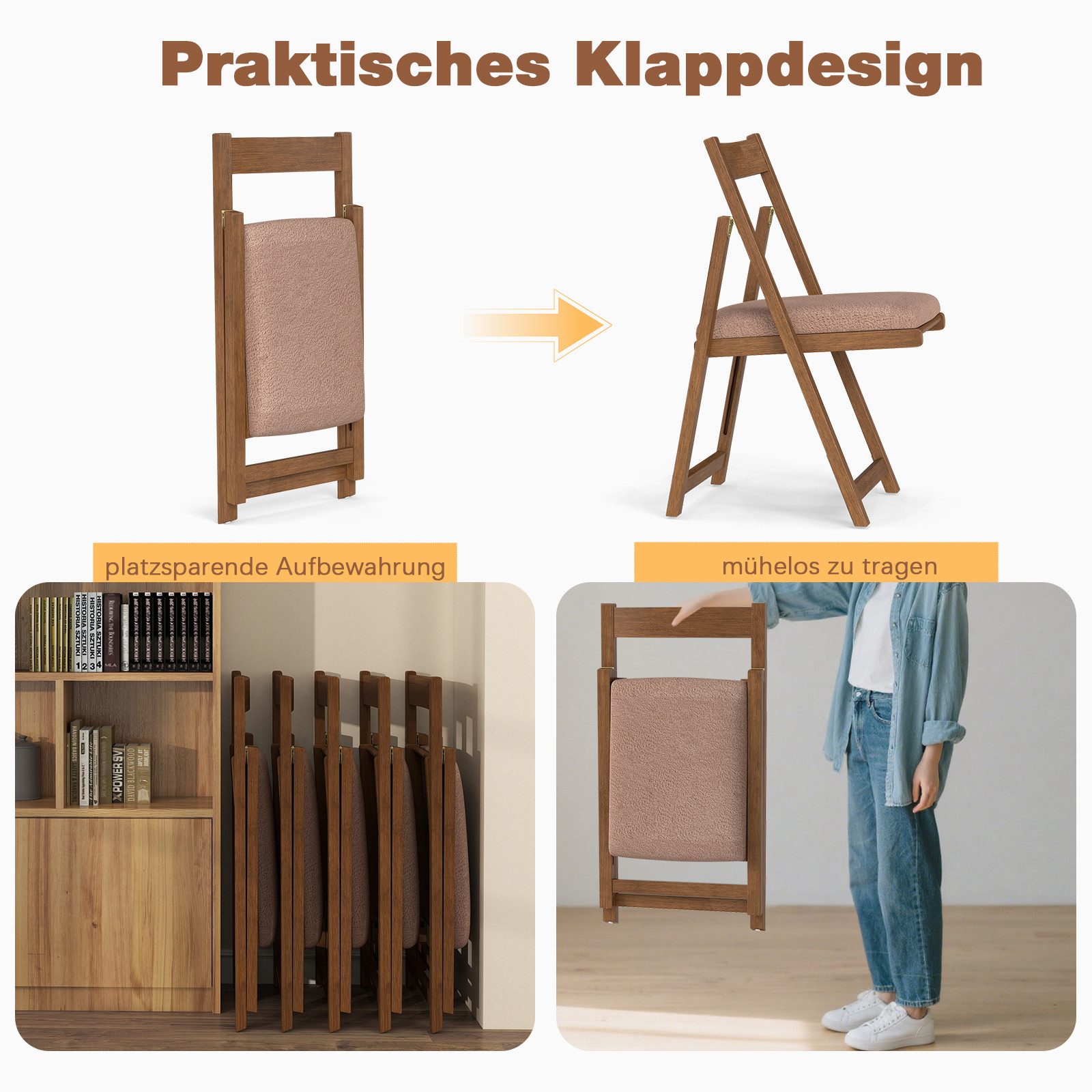 KOMFOTTEU Esszimmerstuhl (2er Set), Küchenstühle klappbar mit gepolstertem Sitz
