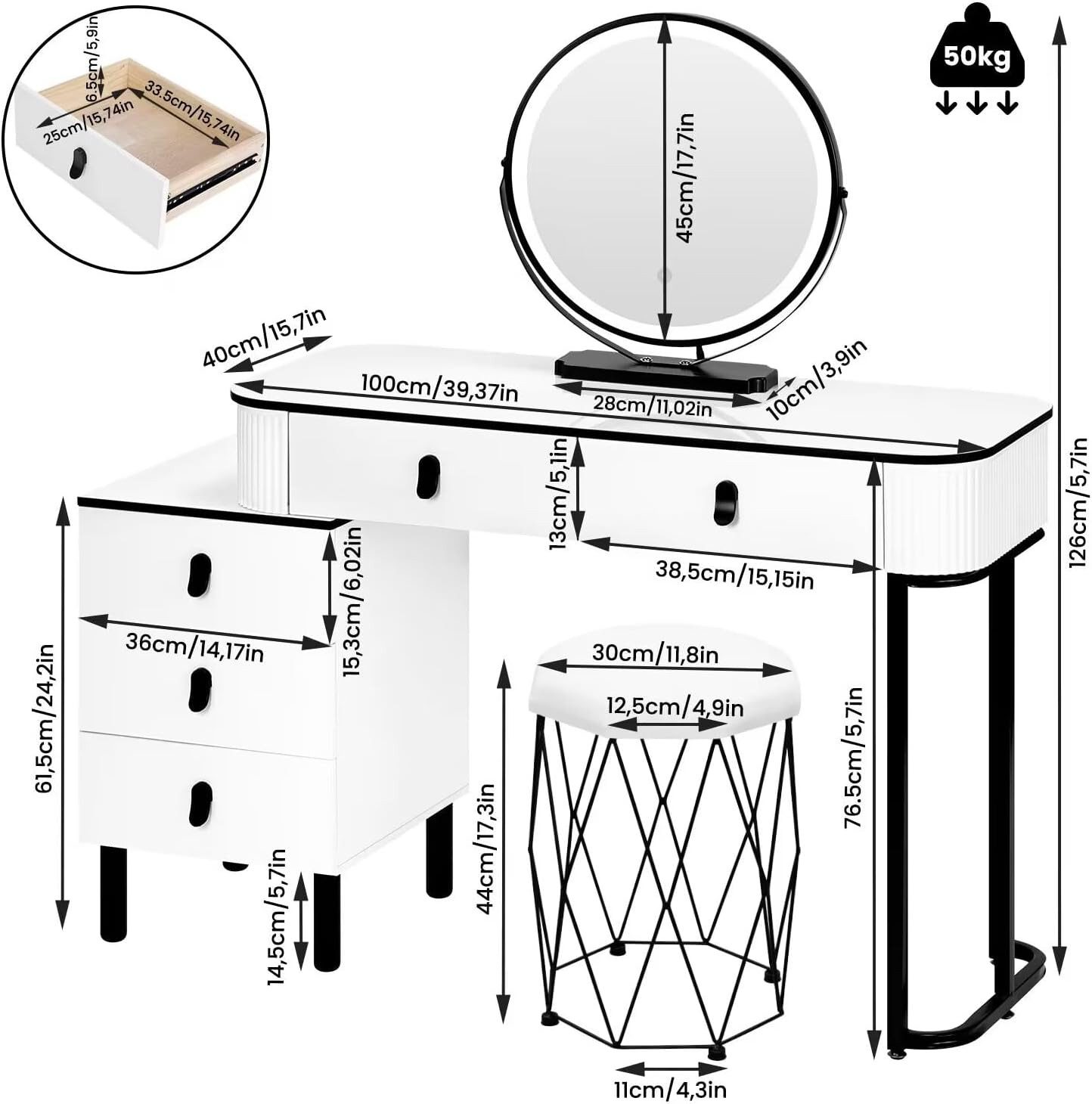 Woltu Schminktisch (1-St), mit Mobiler Spiegel, Hocker aus Samt, Flexible Montage
