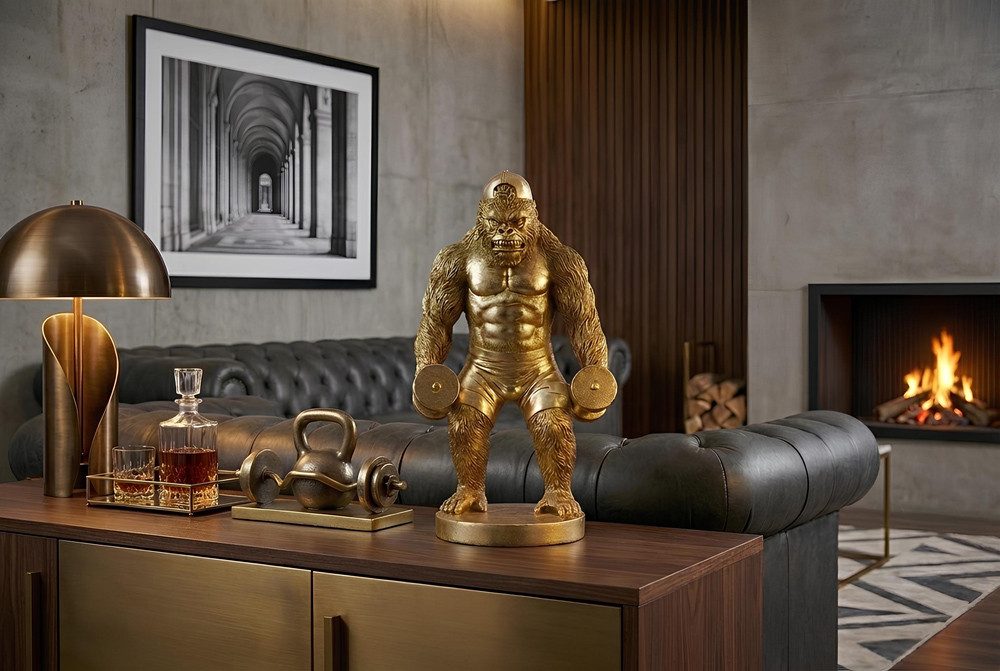 riess-ambiente Tierfigur KING APE 30cm gold - Gorilla mit Hantel, urban, handgefertigt, Deko (Einzelartikel, 1 St), Moderne Skulptur - ideal als Blickfang auf Sideboards oder Regalen