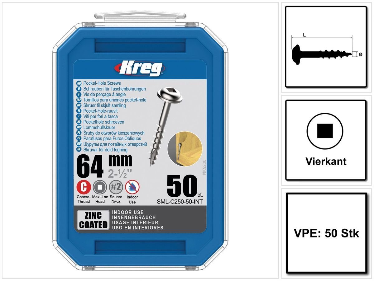 Kreg Schraube Pocket-Hole Linsenkopfschraube 64 mm 50 Stk (SML-C250-50) Vierkanta