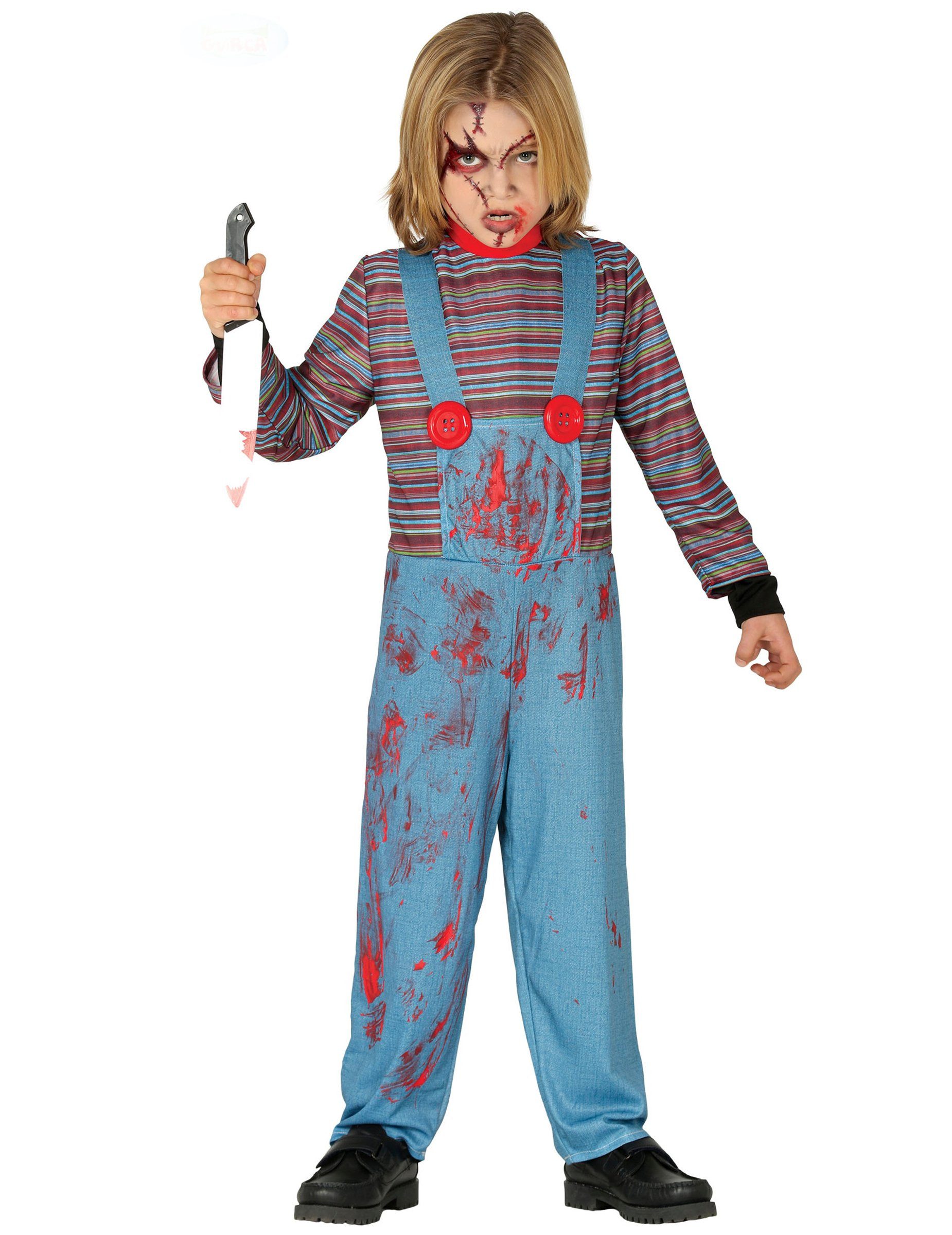 Fiestas Guirca Kostüm Mörderpuppe-Kostüm für Kinder Halloween-Kostüm blau-rot