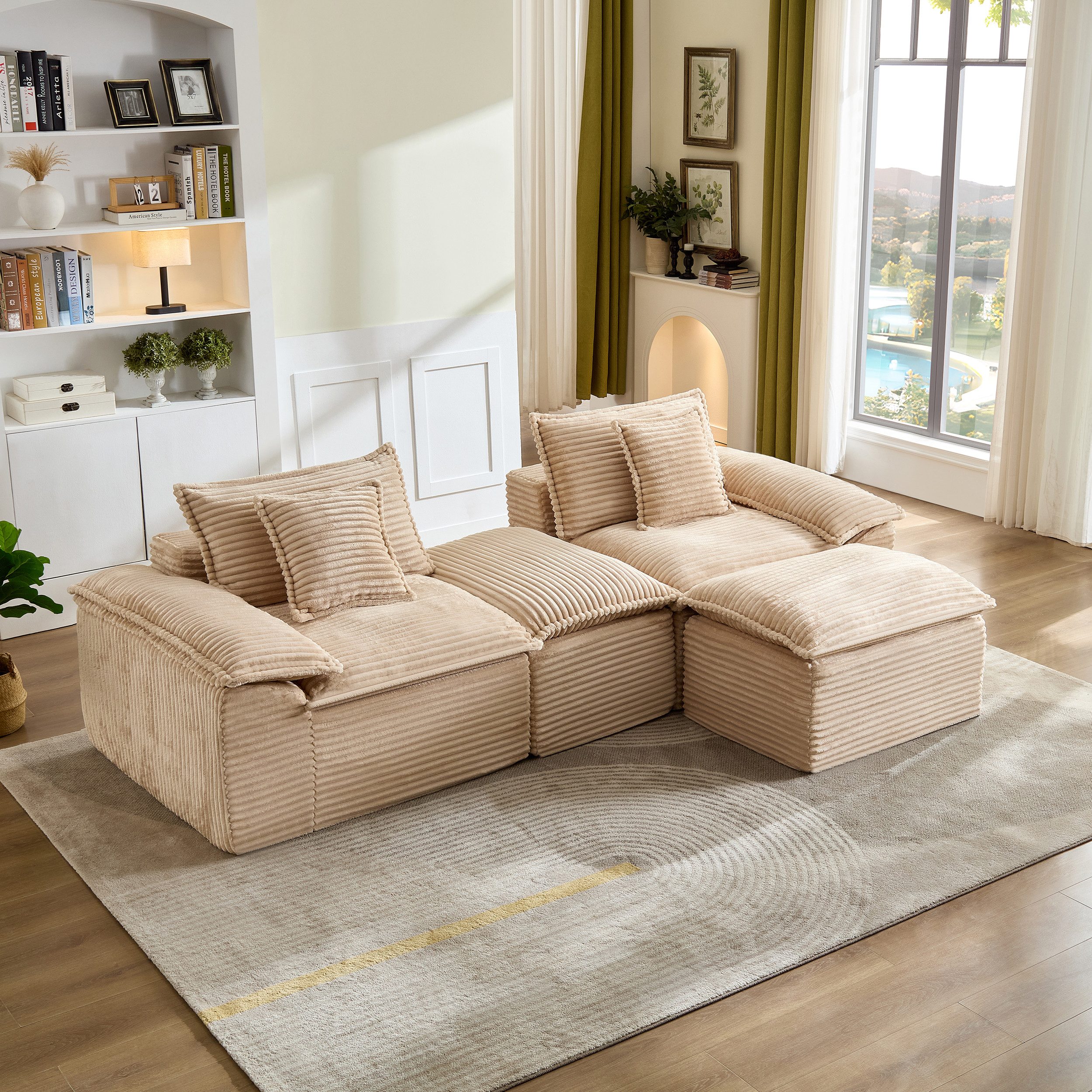 Sinaopus Schlafsofa Modulares Schlafsofa, 2-Sitzer Wohnzimmer Sofa mit Kissen, Bodensofa Cord Couch mit Hocker, Armlehne und Memory-Schaum