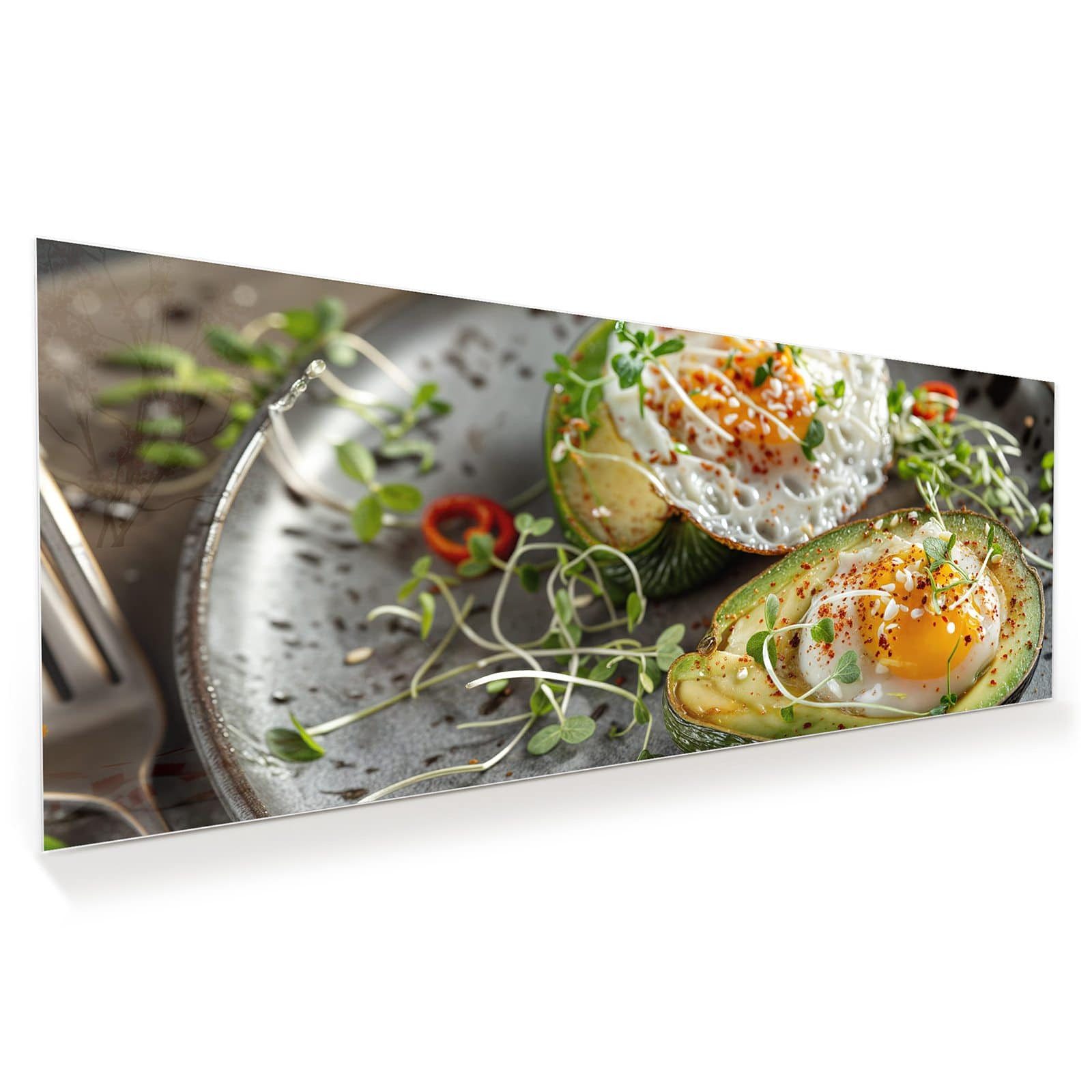 Primedeco Glasbild Wandbild Avocado Frühstück mit Aufhängung, Essen (21 verschiedene Größen, 1 St), Elegante Aufhängung
