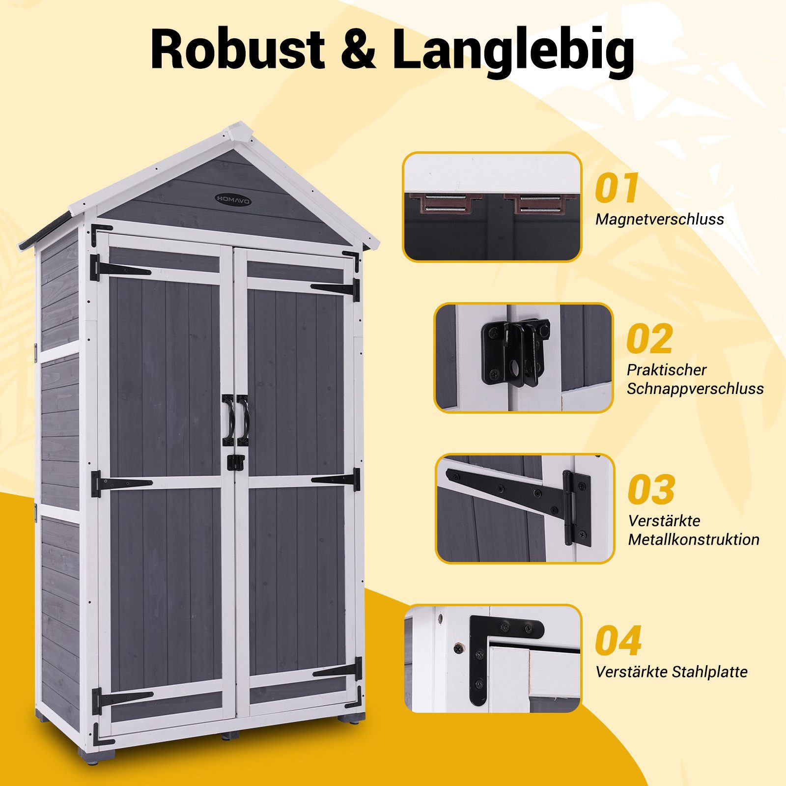 HOMAVO Gerätehaus Gartenschrank Werkzeugschrank Geräteschuppen Holzhäuschen, Outdoor-Schrank, Satteldach, mit 2 Einlegeböden, 99.3*56.5*178cm