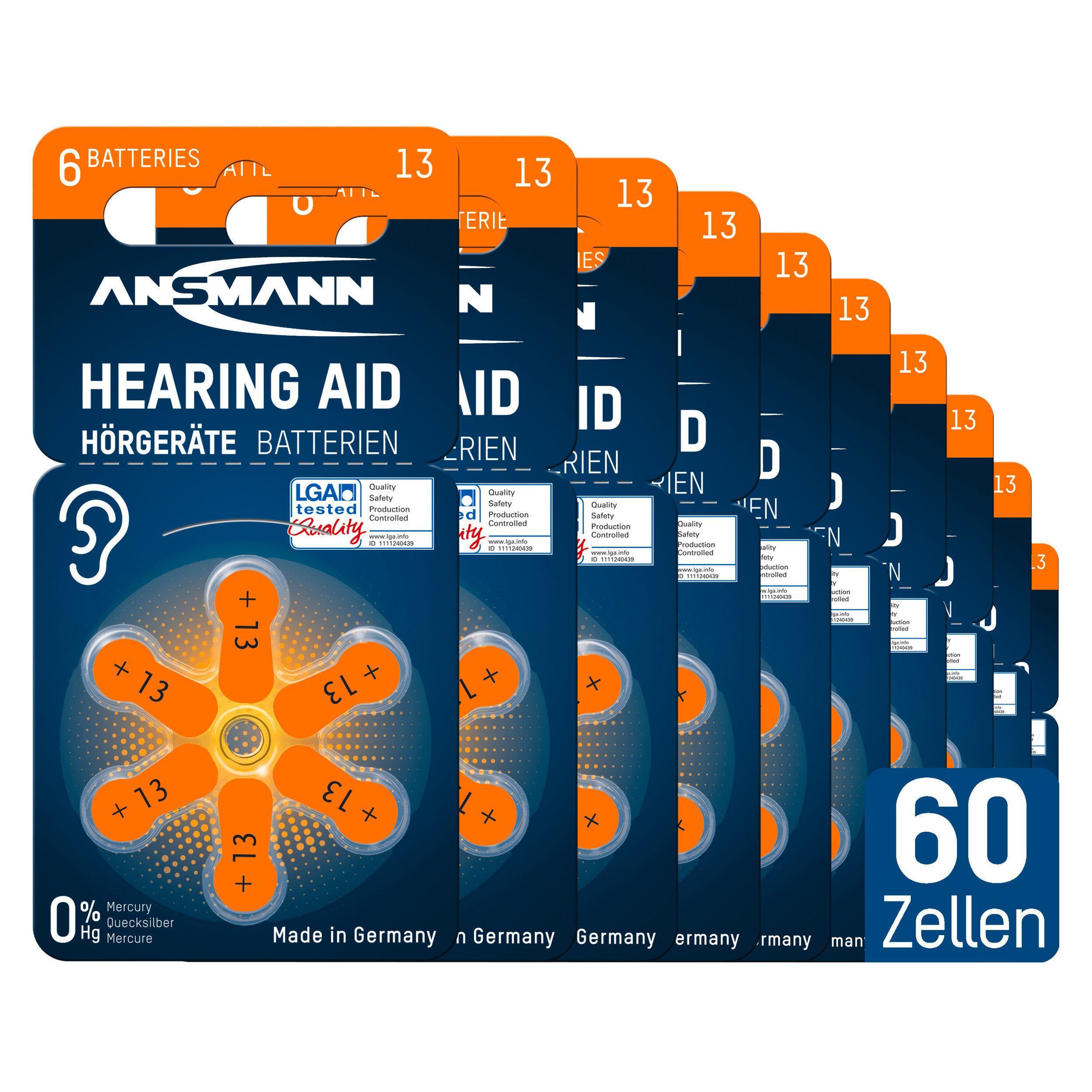 ANSMANN AG Hörgerätebatterien Typ 13 orange, 60 Stück Knopfzelle