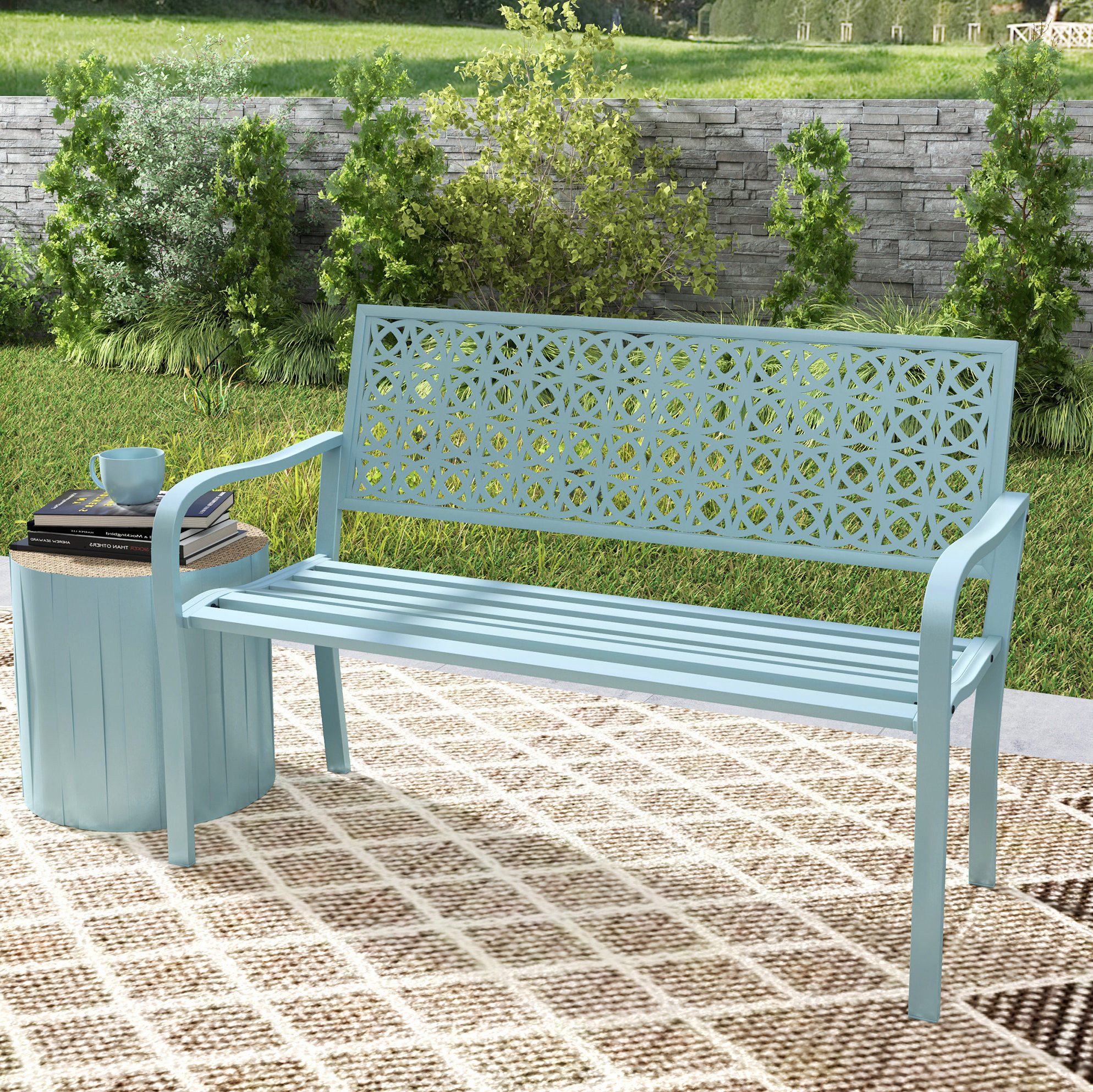 OKWISH Gartenbank 2-Sitzer Gartenbank 127x63x85 cm Blau wetterfest bis 240 kg (Packung, 1-St., Parkbank Gartenmöbel für Terrasse, stabil & komfortabel Outdoor), Sitzbank mit Rücken- & Armlehnen, robust für Garten & Balkon