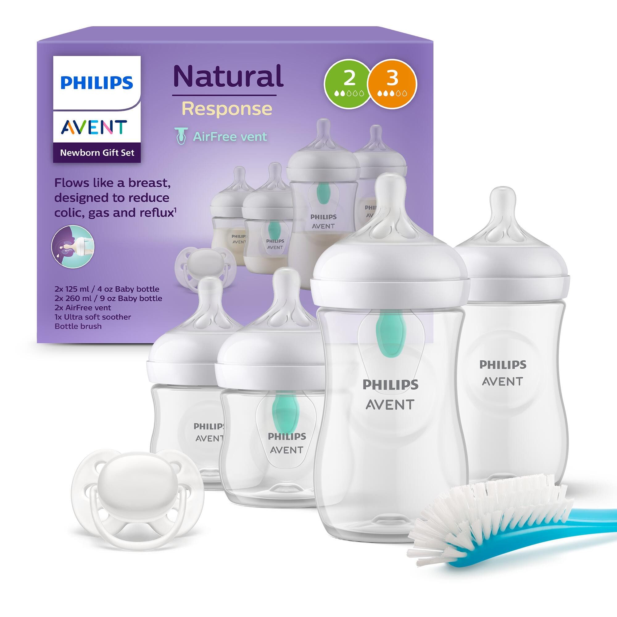 Philips AVENT Babyflasche Natural Response Flaschen-Set Air-Free Ventil SCD657/11, 4 Flaschen mit AirFree-Ventil, ultra soft Schnuller, Flaschenbürste