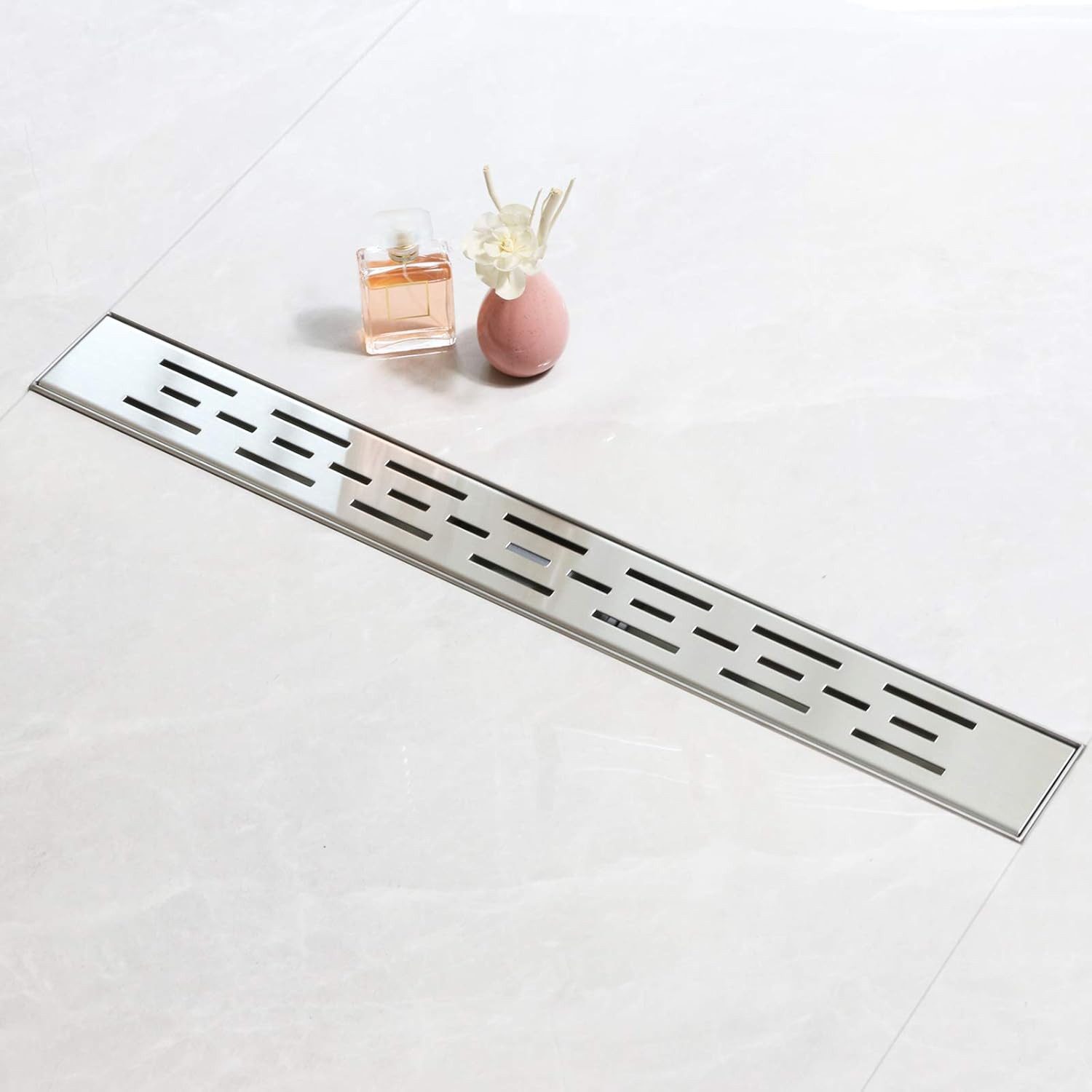 SaniteModar Duschrinne 80 cm, extra flache Strips‑Duschrinne aus Edelstahl, 1-St., Bodenablauf Komplettset mit Siphon und Haarsieb