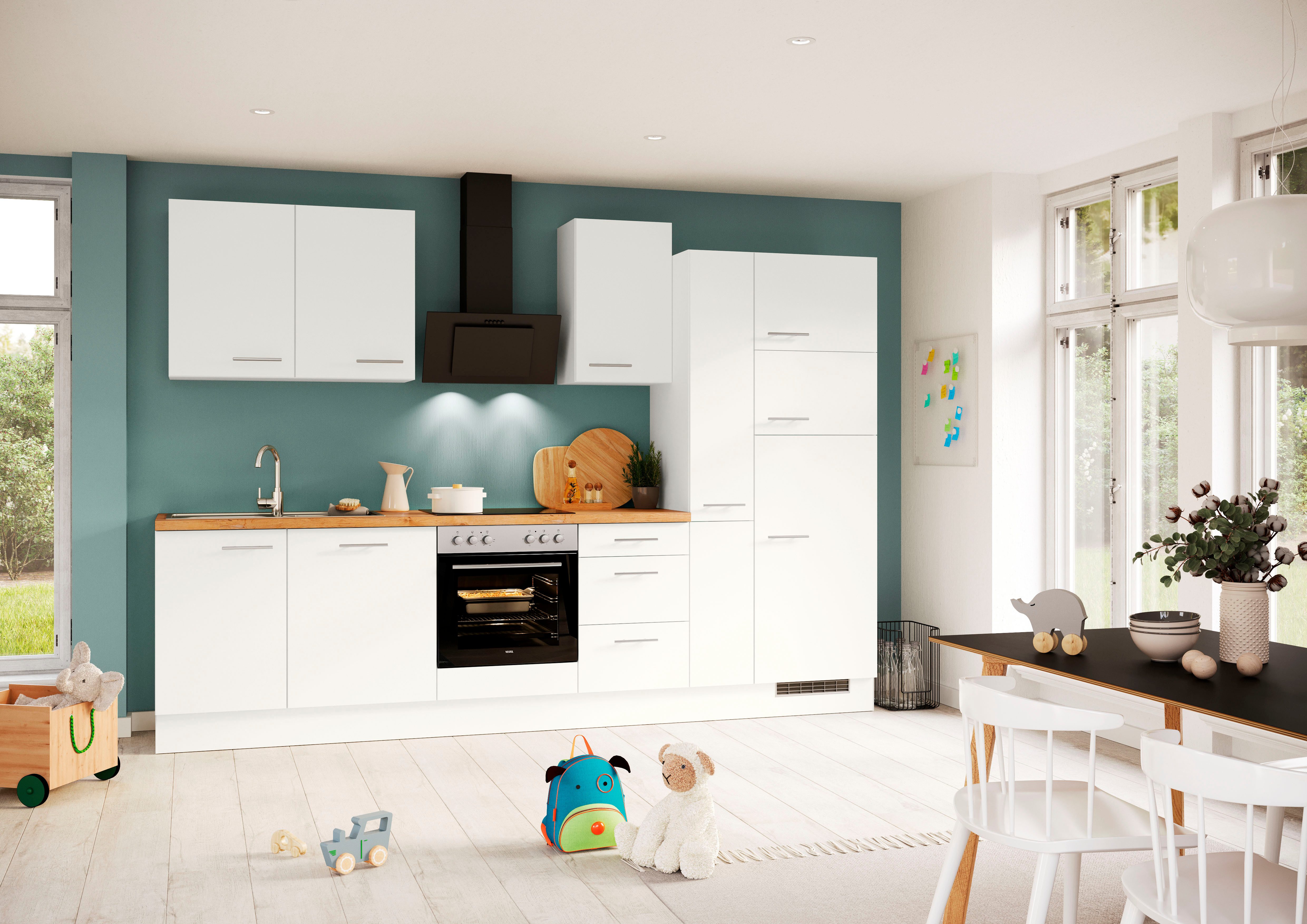 IMPULS KÜCHEN Küchenzeile "Valencia", Ausrichtung wählbar, Schubkästen mit Soft-Close, vormontiert, wahlweise mit E-Geräten, Breite 310 cm