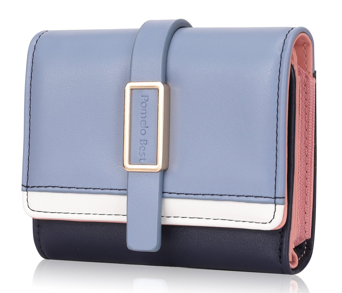 3.5cm Damen Groß Kreditkartenetui, Ledergeldbörse 9.5 Wallet, Kartenetui, Kartenhalter), Portemonnaie x Handtasche Kurz Geldbörse (Frauen Slim RFID-Schutz 10.5 Geldbeutel Brieftasche NFC Münzfach 5 mit Kartenfächer, Weich Handytasche x Blau/Weiß/Schwarz Portmonee Pomelo mit Leder Best