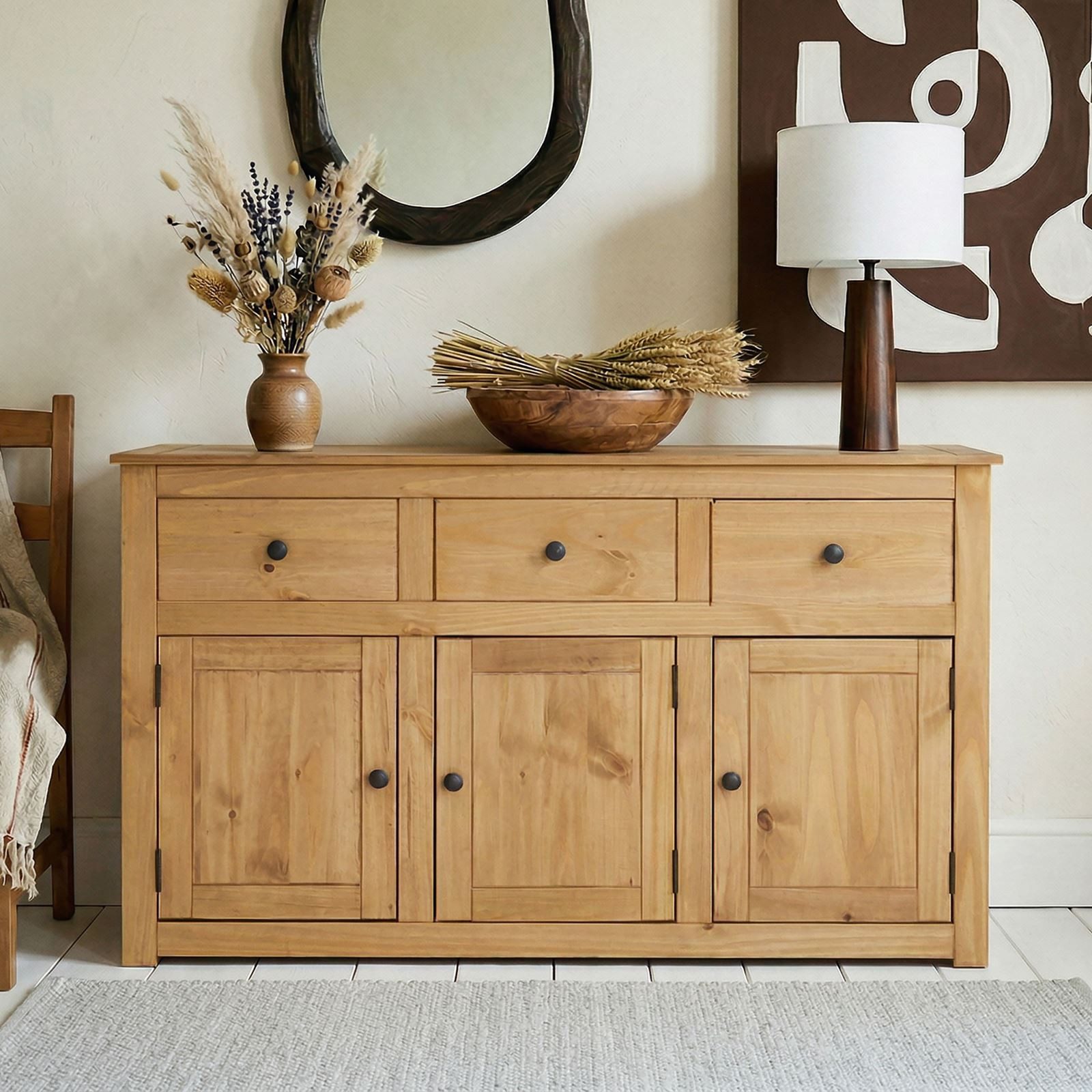 CARO-Möbel Sideboard CANCUN, Kommode aus Kiefer Massivholz 3 Türen & Schubladen Wohnzimmer, Flur