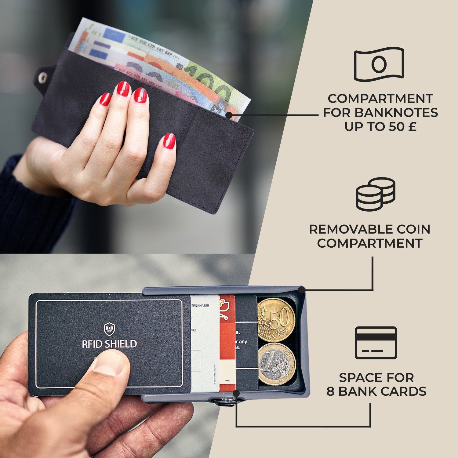 RFID-Schutz Damen Portemonnaie Bankkarten Wallet Münzen ZNAP Slimpuro (Set), Geldbörse Geldscheine Ozeanblau Herren
