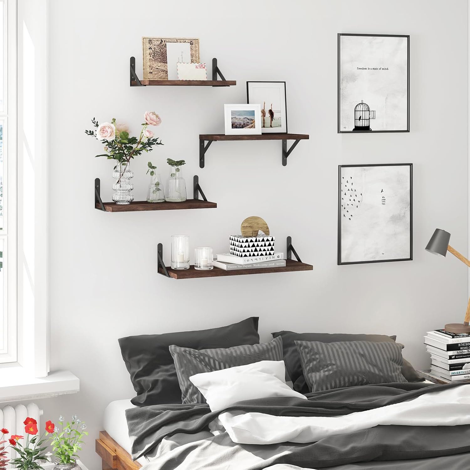 OKWISH Wandregal 4er Set Wandregale Holz Schweberegal Bücherregal Hängeregal, 10kg Tragkraft 4 Größen kombinierbar Bücherregale Wand Regale 4-tlg., Massivholz Regale Küche Wohnzimmer Schlafzimmer Pflanzen CDs Deko usw