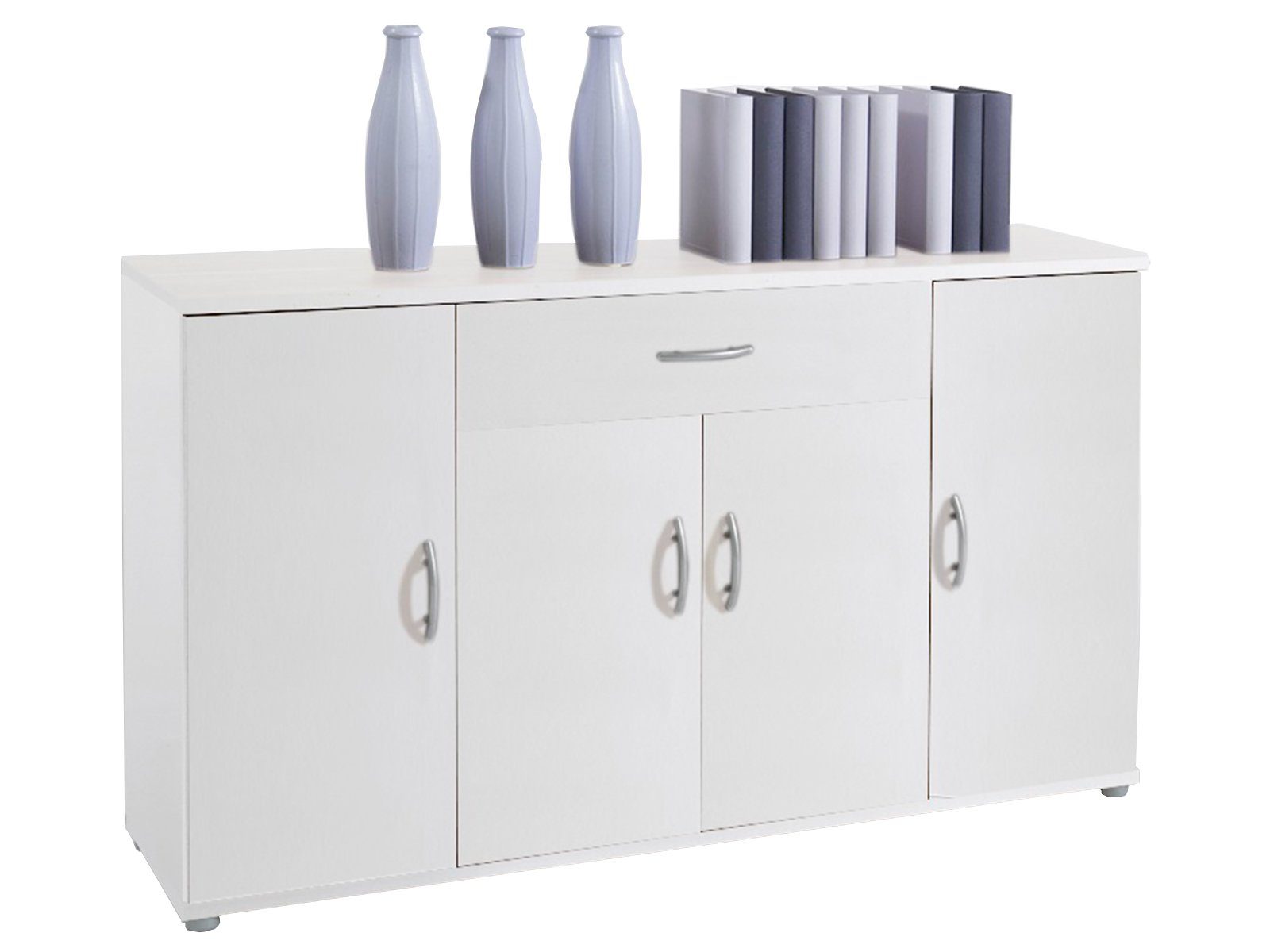 möbelando Sideboard Lissy, Sideboard aus Spanplatte in weiß mit 4 Türen, 3 Einlegeböden und 1 Schubkasten. Breite 118 cm, Höhe 70 cm, Tiefe 30 cm.