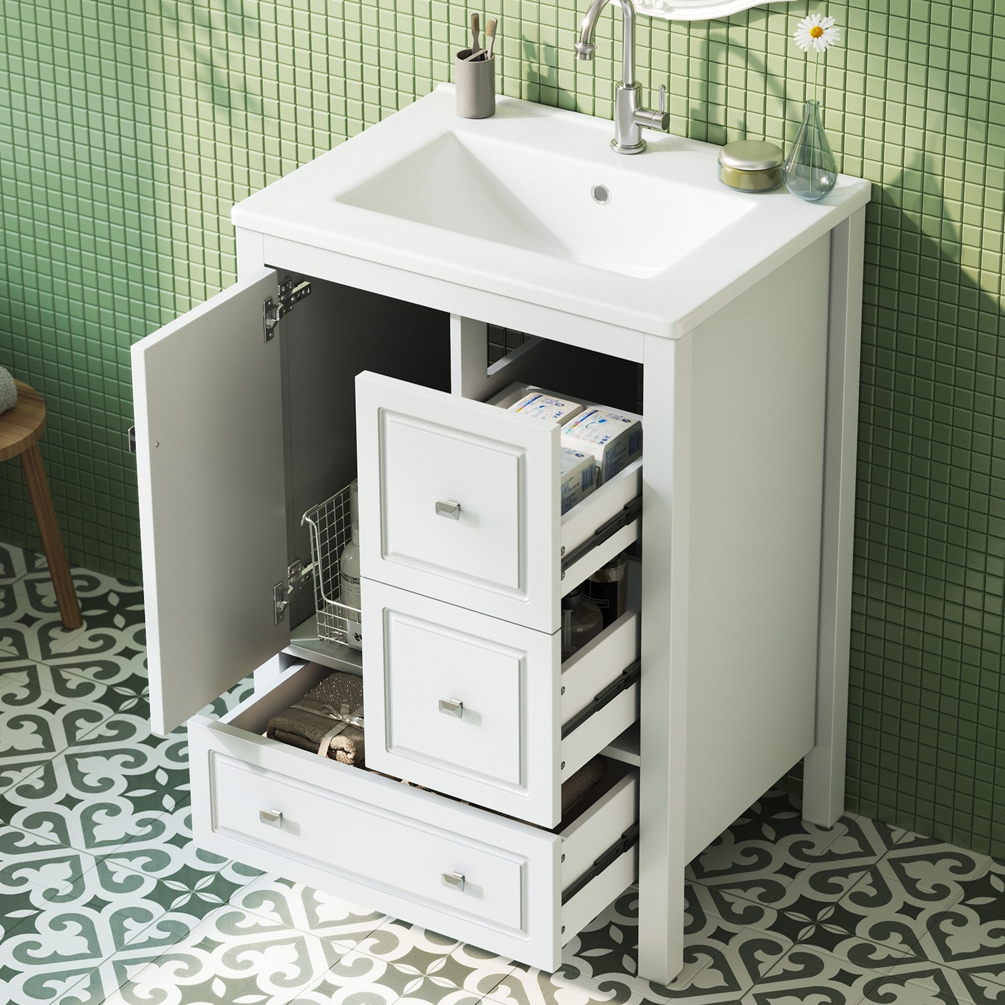 BlingBin Waschtisch Lackierter freistehender Badezimmer-Waschtischunterschrank (1er Set, 1-St., 62*47*90cm), mit geräuschgedämpften Auszügen,Soft-Close-Scharnieren &  Keramikbecken