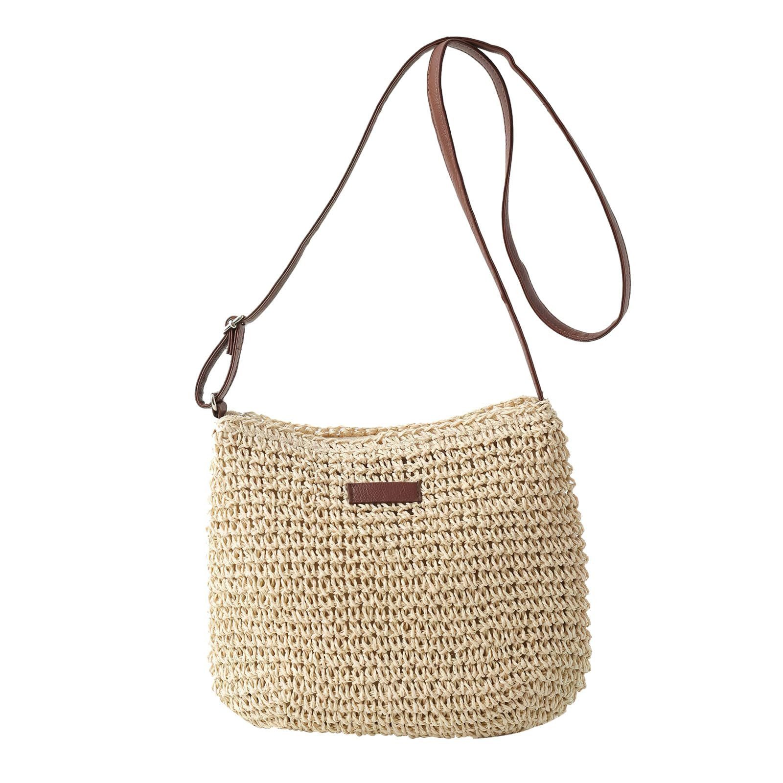 Agger Umhängetasche Stroh Handtasche Damen, Böhmische Strandtasche, Schultertasche, Strohtasche Damen Basttasche für Reisen Strand