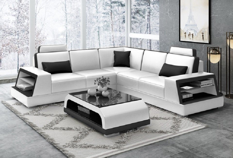 JVmoebel Ecksofa Ecksofa Ledersofa Polster Wohnlandschaft Couch Sofa, Made in Europe Weiß/Schwarz