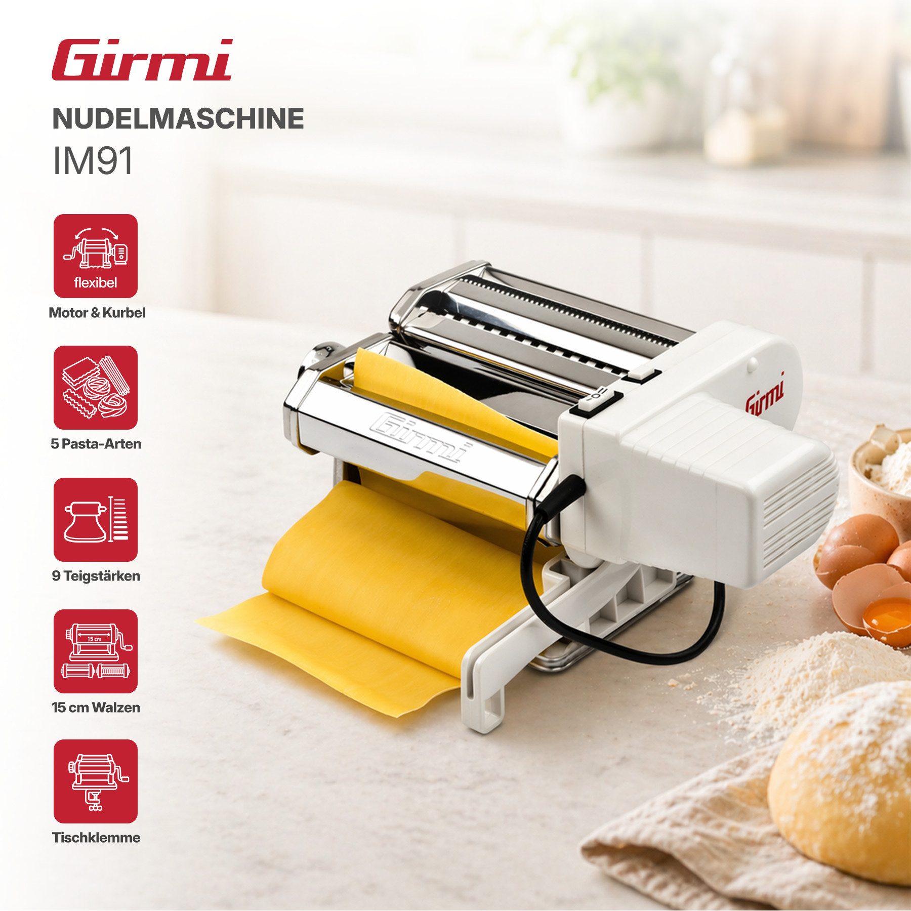 Girmi Nudelmaschine IM9100 Pastamaschine IM91, Elektrisch & Handkurbel, 90 W, Motor abnehmbar, 5 Pastaformen, 9 Teigstärken, 2 Stufen, Pulse