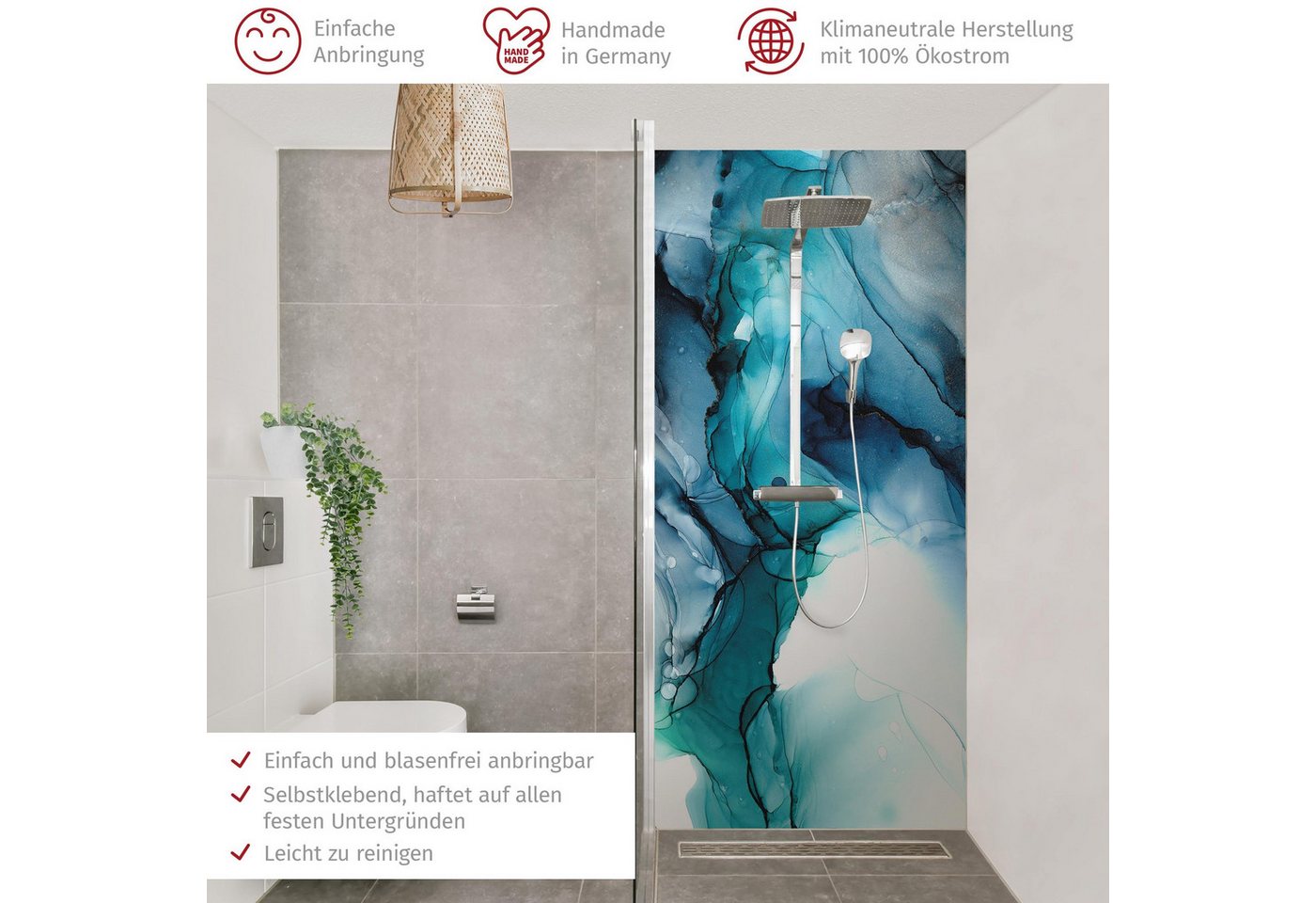 Thumbnail - Bilderdepot24 Badrückwand Muster blau Duschrückwand ohne Bohren Dusche Kunst Motiv, (1-tlg., Hart-Folie Smart matt 0,35 ...
