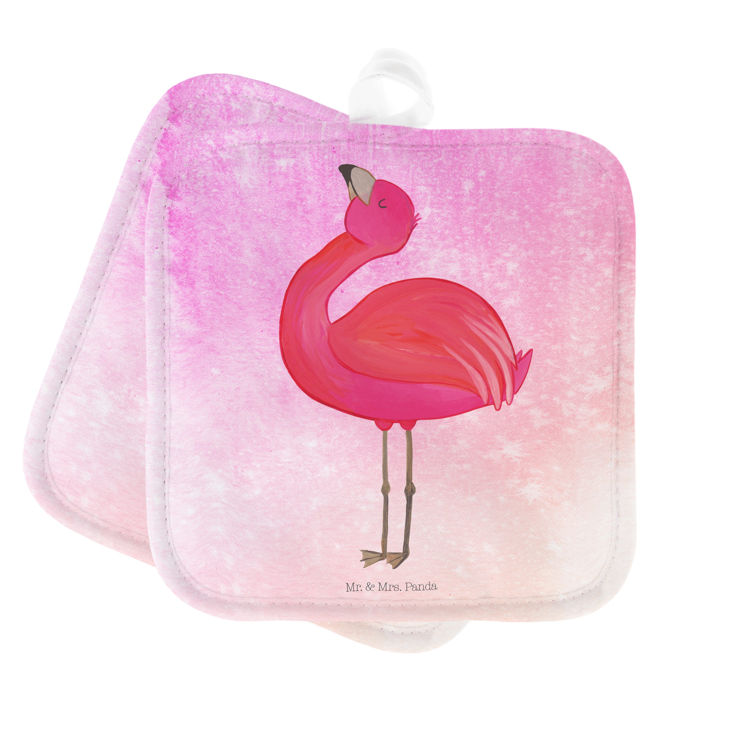 Mr. & Mrs. Panda Topflappen Flamingo stolz - Aquarell Pink - Geschenk, Topflappen, Topflappen lus, (1-tlg)