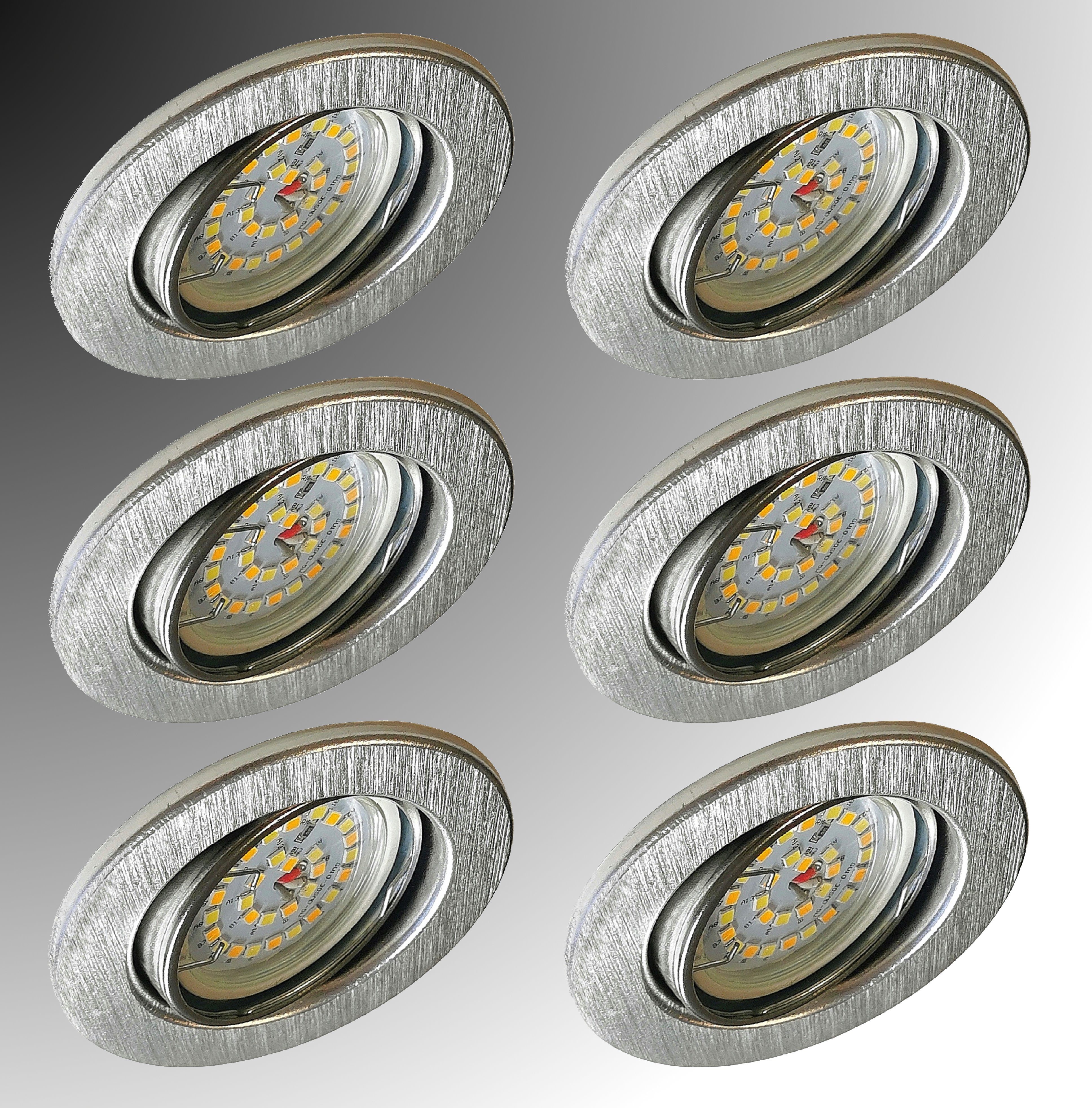 TRANGO LED Einbauleuchte, 6er Set 6729-069M6KSD LED Einbaustrahler Aluminium gebürstet inkl. 6x 5 Watt CCT Farbtemperatur Steuerung 2700K-4000K-6500K LED Modul, Einbauspot, Deckenleuchte, Downlight, Deckenlampe