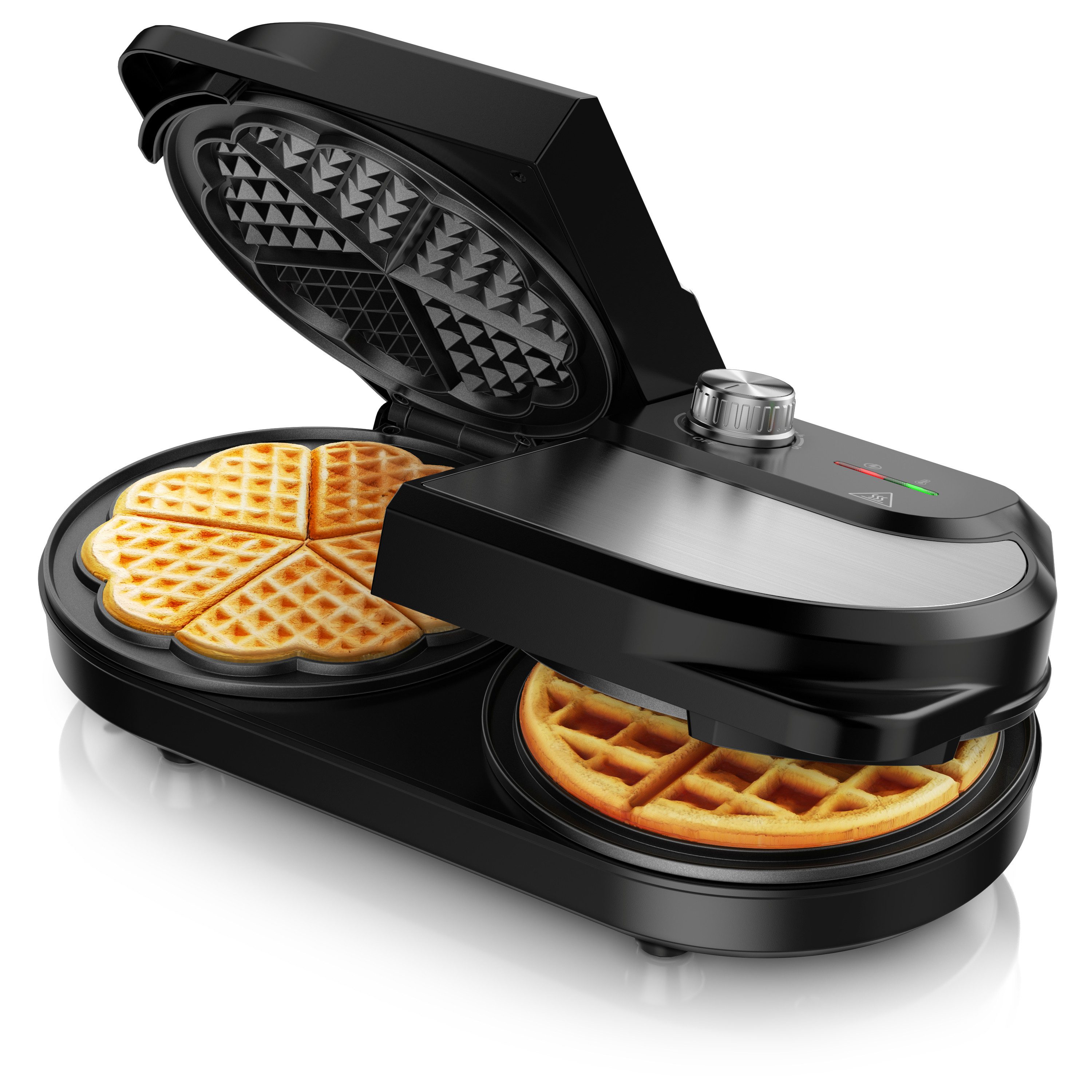 Arendo Вафельницы Duo-Waffelautomat mit 2x Waffelplatten (Belgische Waffeln & Herzform), 1400 W, Stufenloser Temperaturregler, Antihaftbeschichtet, Edelstahl, BPA frei