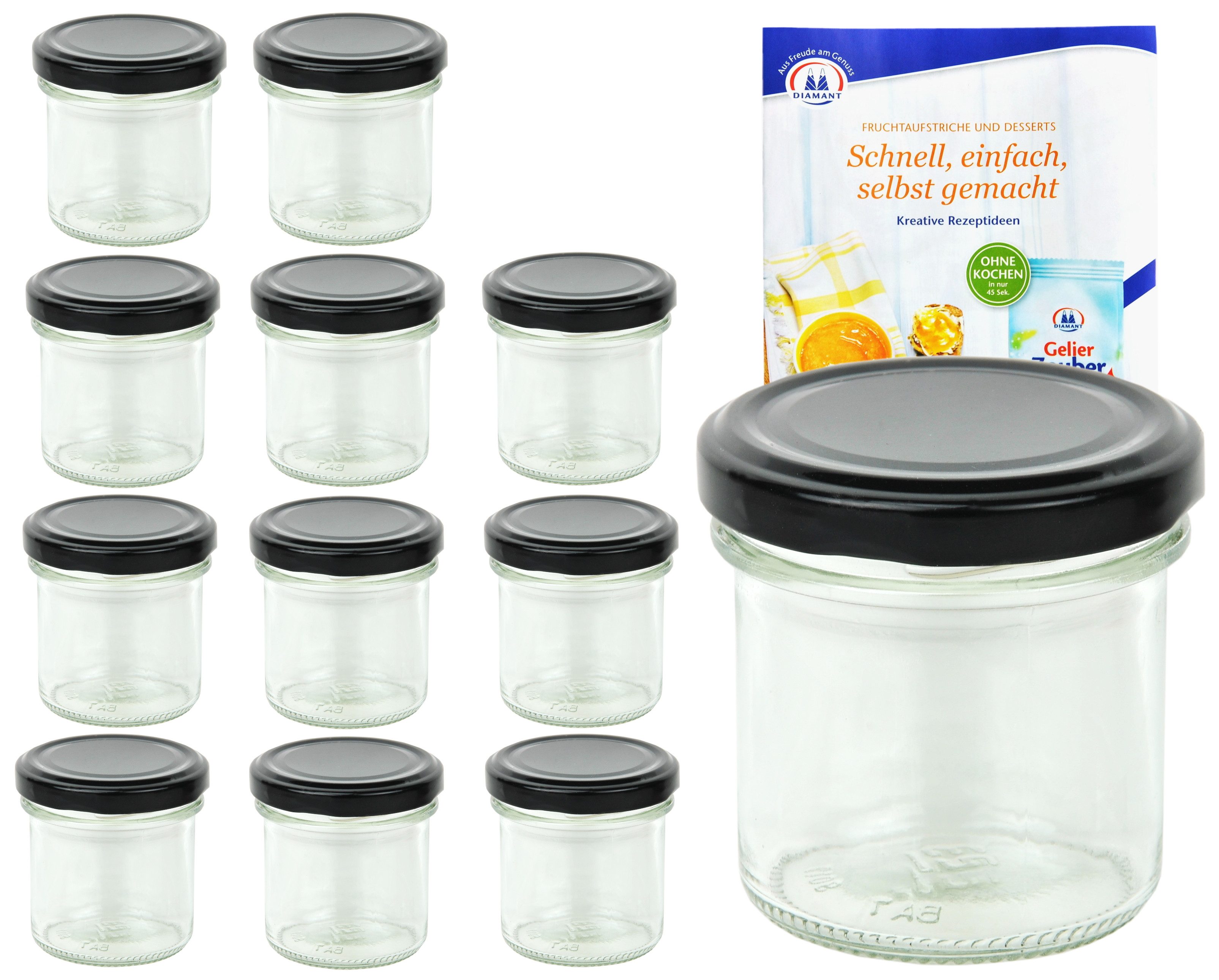 MamboCat Einmachglas 12er Set Sturzglas 167 ml To 66 schwarzer Deckel incl. Rezeptheft, Glas