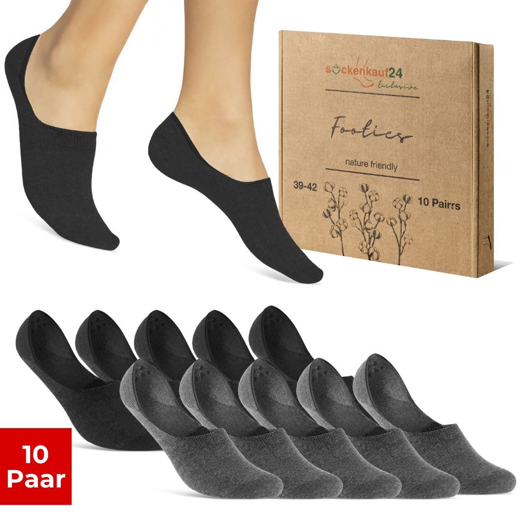 sockenkauf24 Füßlinge 10 Paar Füßlinge aus gekämmter Baumwolle Damen & Herren (Schwarz/Grau, 43-46) Sneaker Socken ohne drückende Naht (Exclusive Line) - 70103T WP