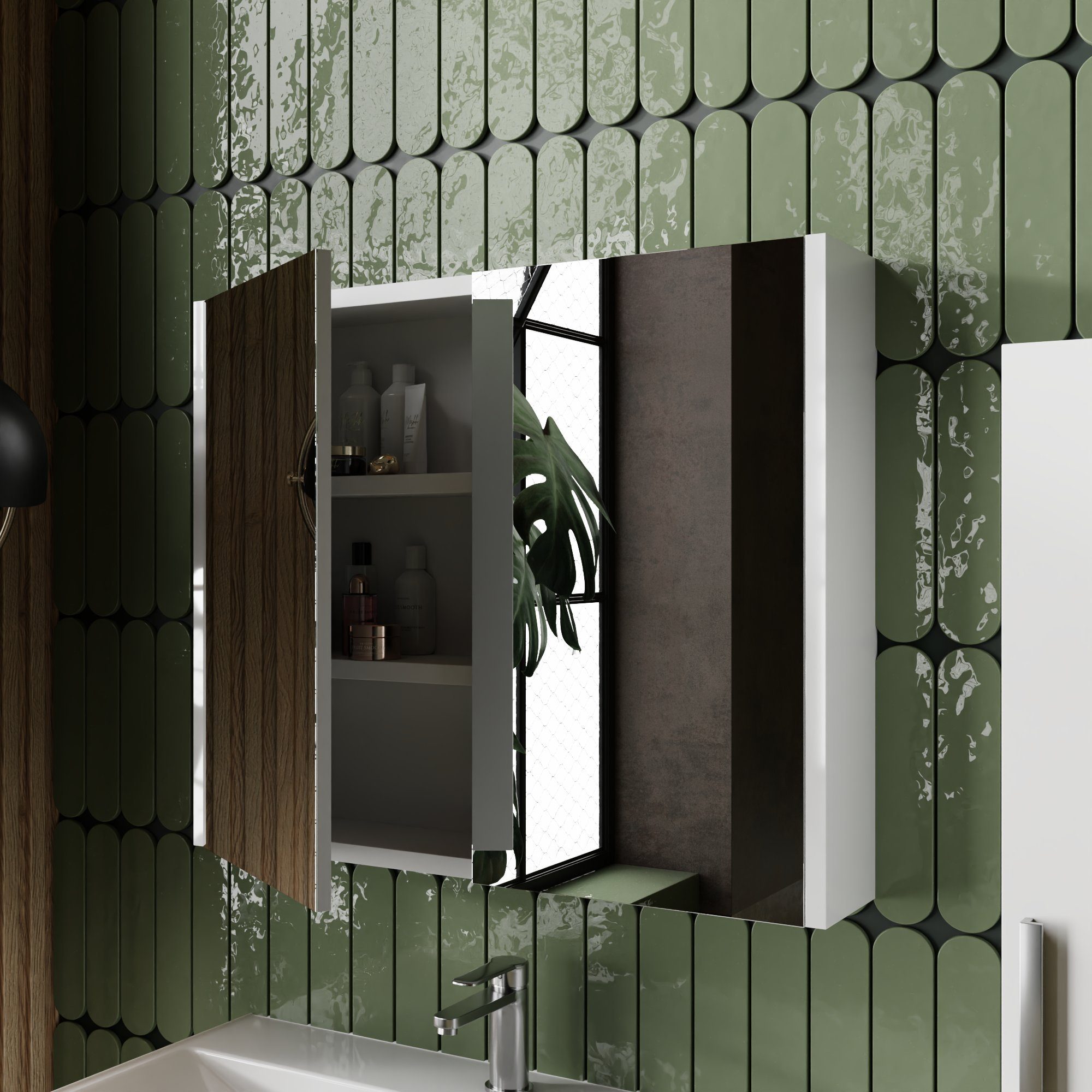 Karen Badmöbel-Set Badmöbel Set Arin Weiß, (Komplett-Set, 3-Teilig (Unterschrank, Spiegelschrank, Waschbecken), 3-St., Unterschrank mit Türen, Spiegelschrank mit Türen & Regalen), Landhaus-Stil, Matt-PVC-Beschichtung, Softclose, Bügelgriffe