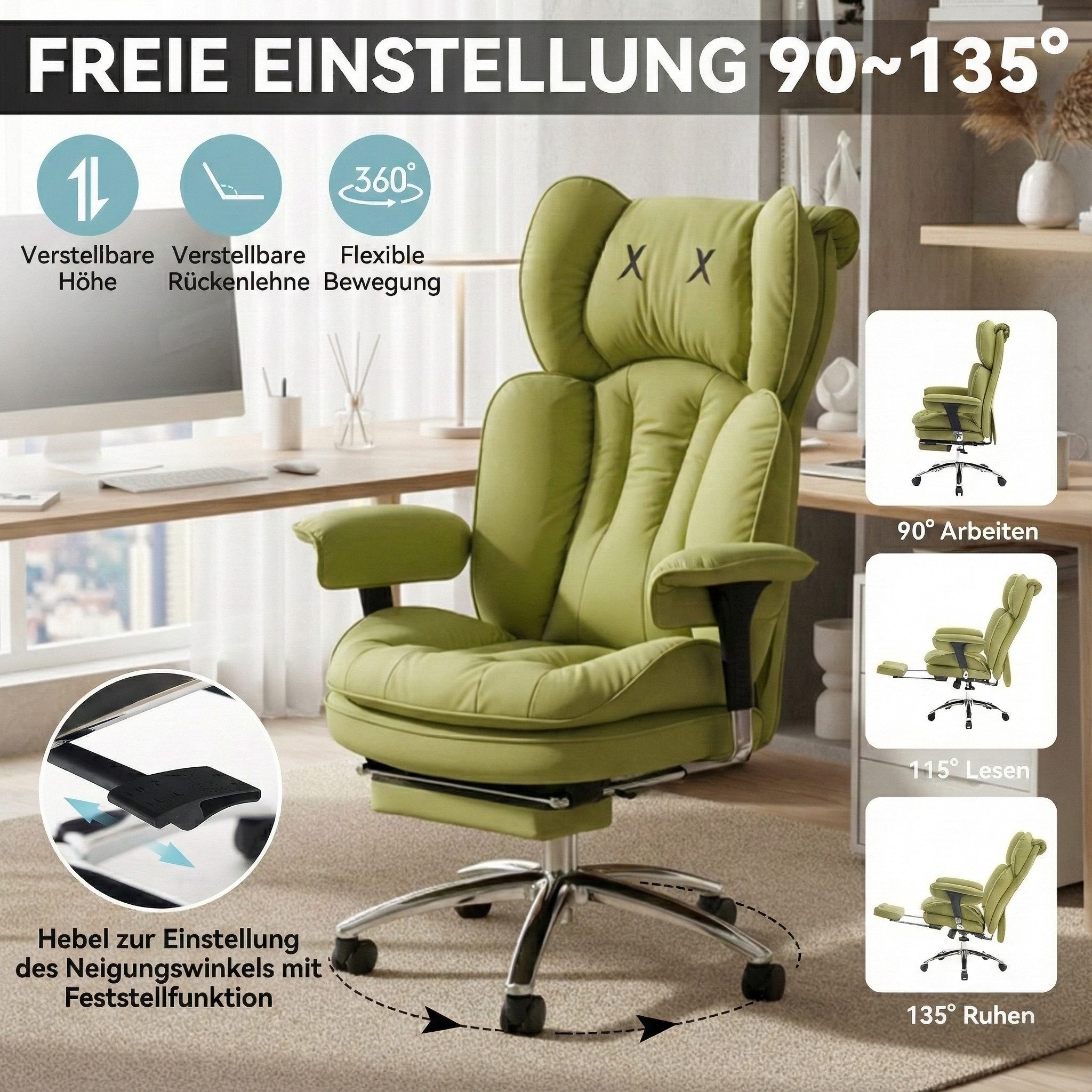 EFOMAO Bürostuhl Schreibtischstuhl, Gaming-Stuhl, Chefsessel mit Fußstütze, ergonomisch (1 St), mit 90°-135° Liegefunktion, höhenverstellbare Armlehnen – Bild 4 von 5