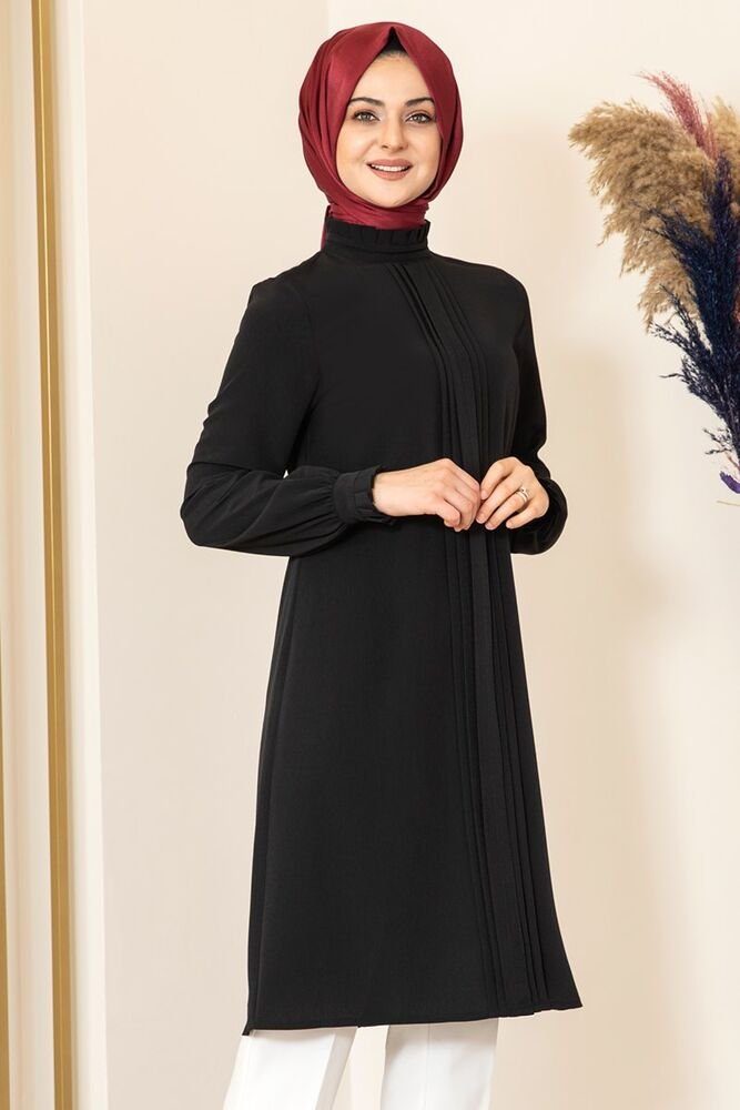 lange Tunika Schwarz Modavitrini mit Modest gerippte Hijab Damen Longtunika Fashion Tunika Tunika Kragen