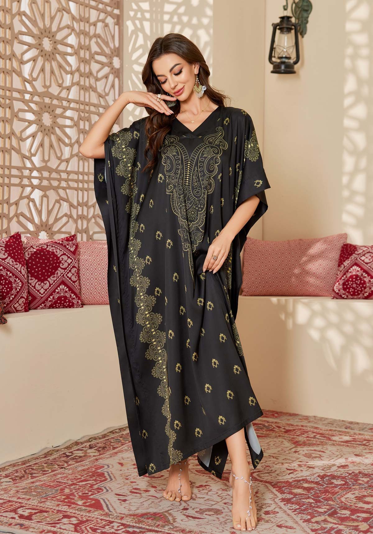 Vivi Idee Morgenmantel Kaftan Kimono Bademantel, Schlafmantel satin Sauna Einheitsgröße, Rund-Kragen/V-Kragen, kein Verschluss, Einheitsgröße, seidig – Bild 5 von 5