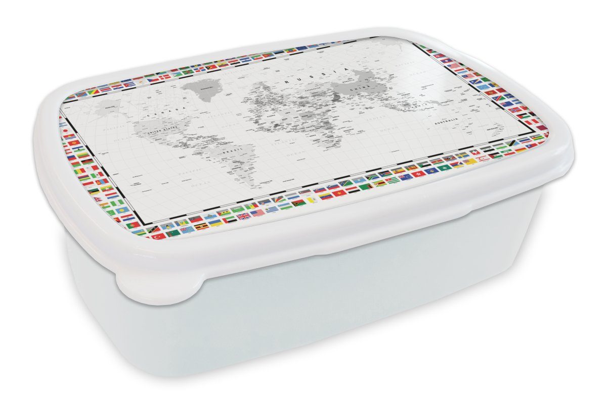 MuchoWow Lunchbox Weltkarte - Schwarz - Weiß - Flagge, Kunststoff, (2-tlg), Brotbox für Kinder und Erwachsene, Brotdose, für Jungs und Mädchen