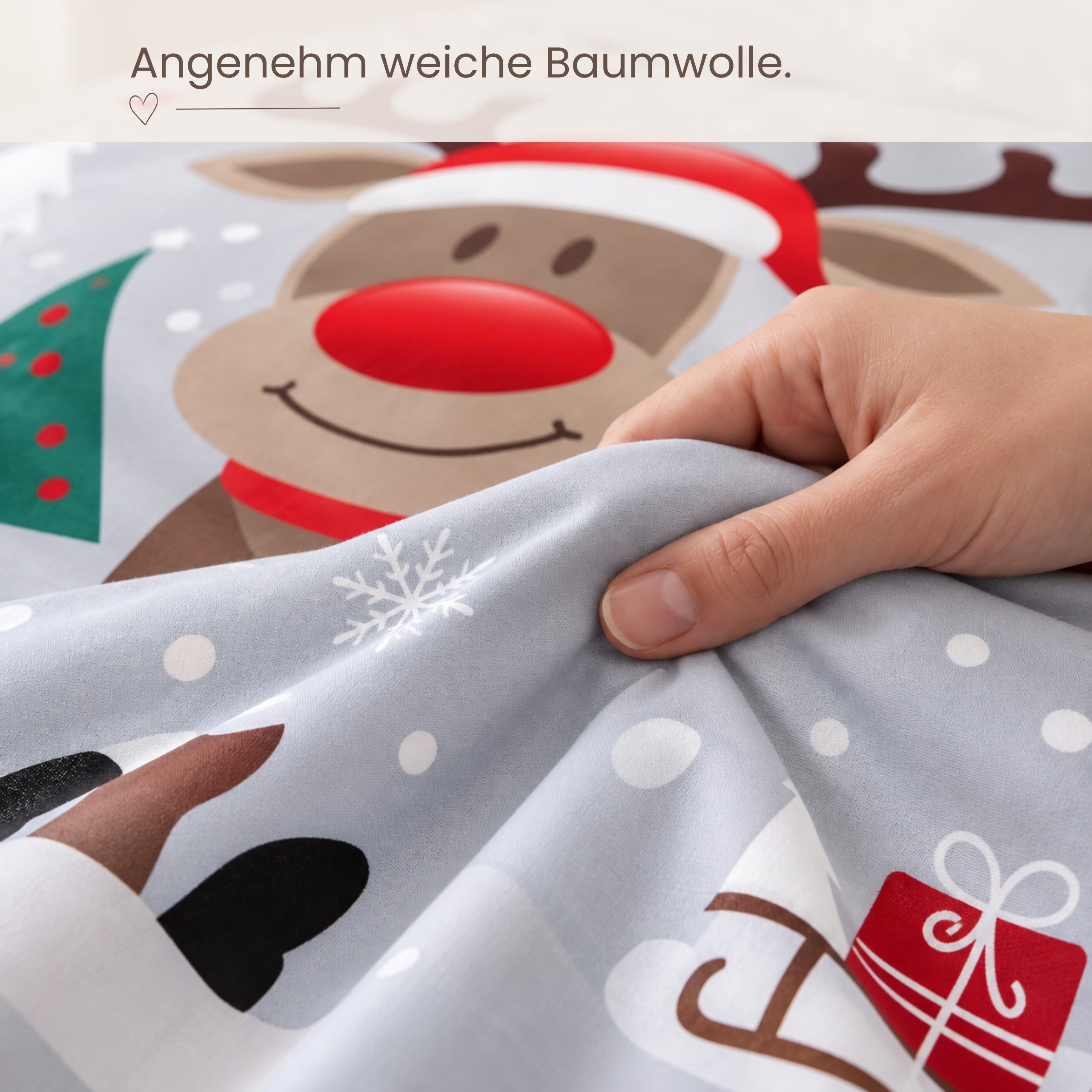 MTOnlinehandel Bettwäsche Weihnachten "Rentier mit roter Nase" Merry Christmas Winter Bettwäsche, Renforcé, 2 teilig, 135x200 + 80x80 cm 2 tlg., 100 % Baumwolle – Bild 5 von 5