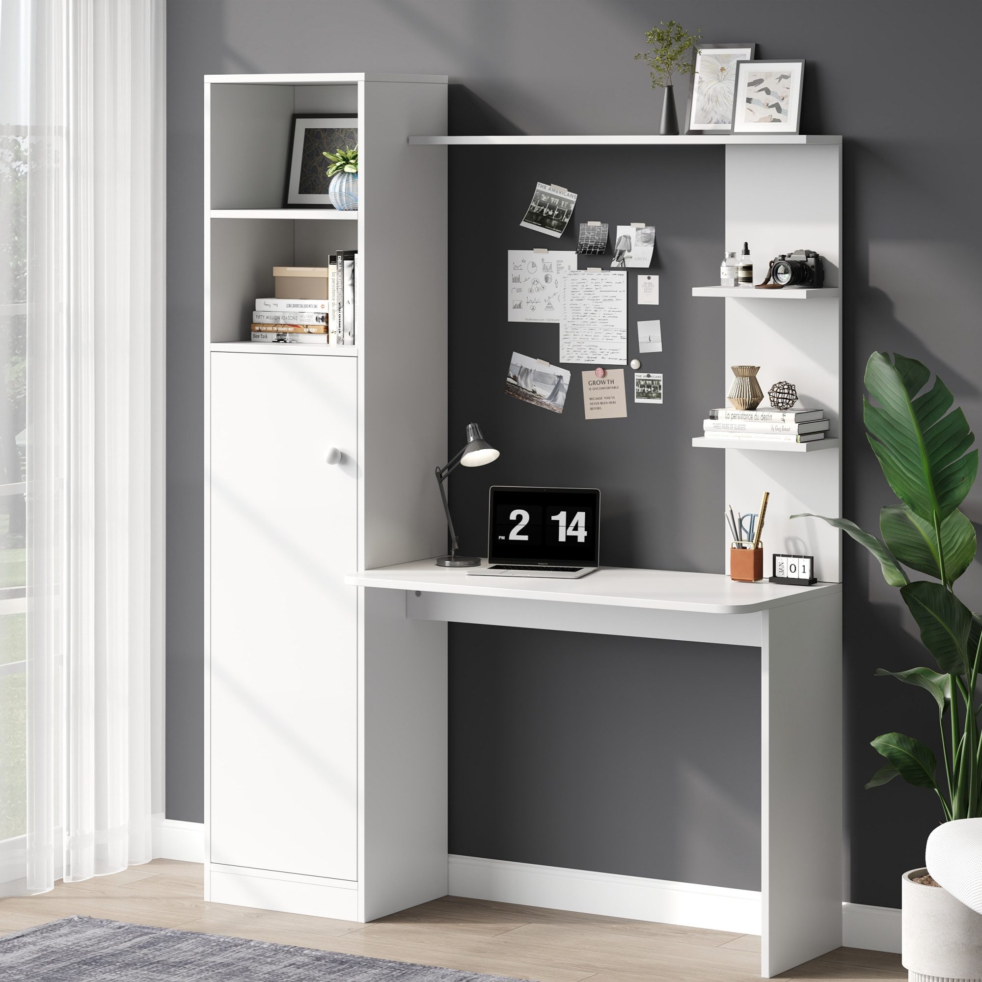 Flieks Regal-Schreibtisch Computertisch mit Hochschrank und Ablagen (123,5x45x168,5 cm, 1-St), L-formig Arbeitstisch mit Ablagen und 5 Fächern Bürortisch Weiß