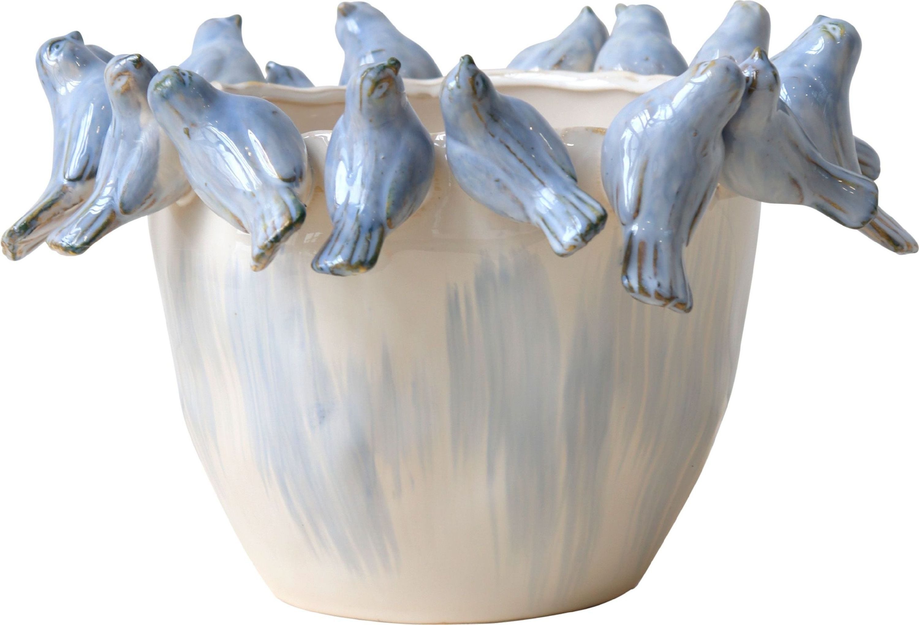 FURNARO Übertopf, mit kunstvollem Vogeldekor aus Keramik in cremeblau ø29x19,5cm