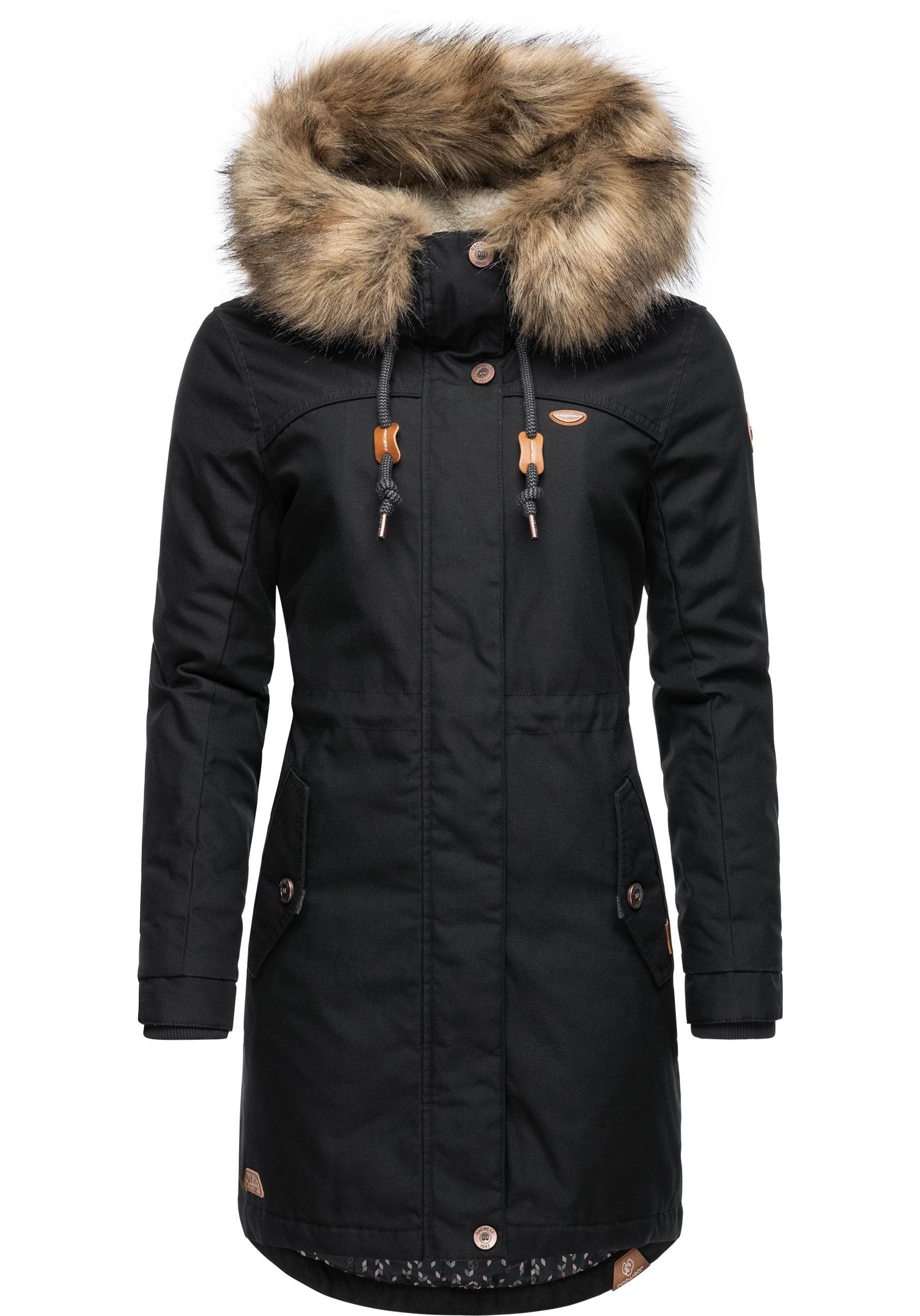 Ragwear Winterjacke Tawny stylischer Kunstfellkragen und großer mit Winterparka Kapuze ash