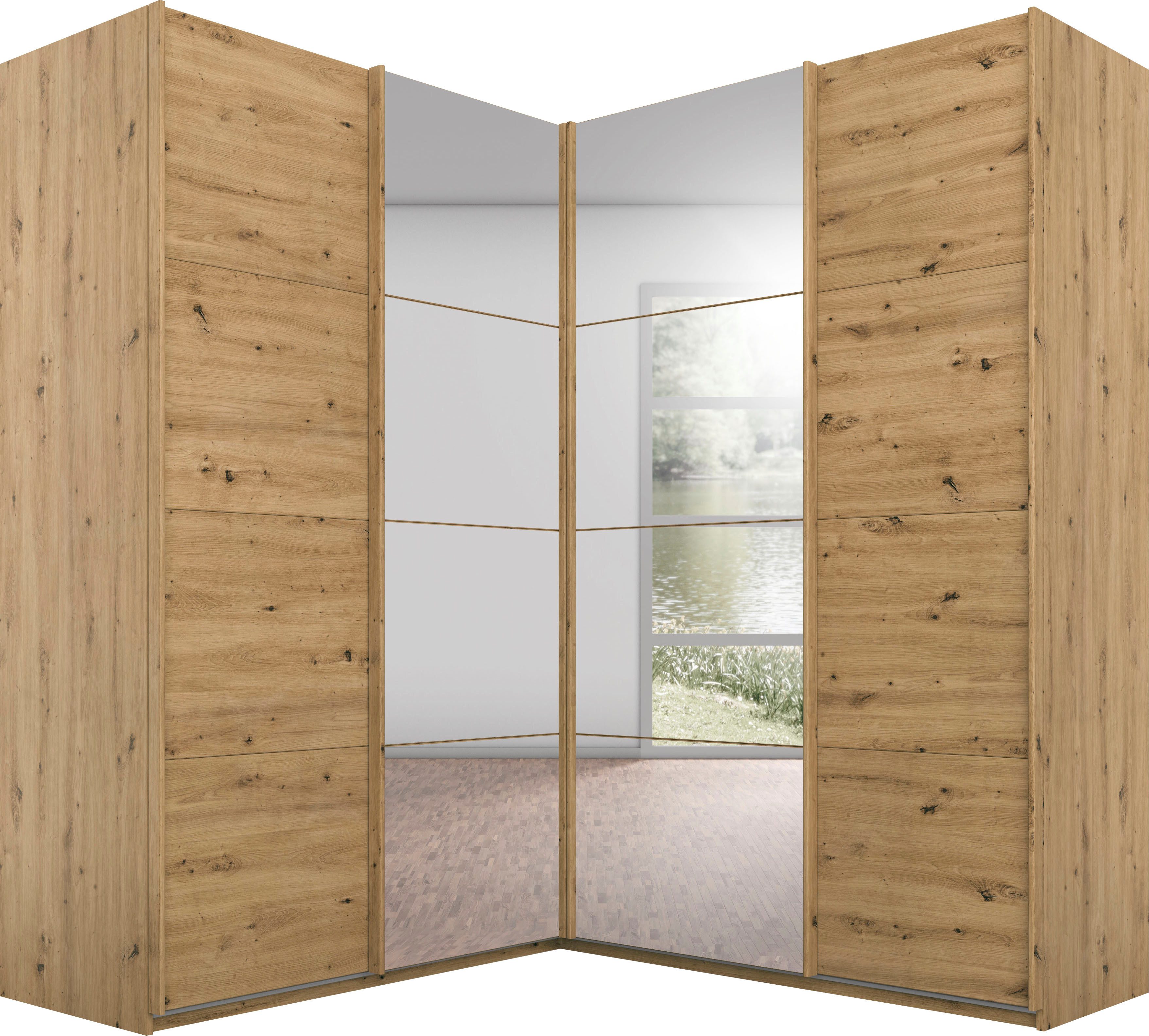 rauch Schwebetürenschrank Schrank Garderobe Eckkleiderschrank QUADRA Front in Dekor/Hochglanz (in den Höhen 210/229 cm, inkl. Soft-Close-Funktion) großer Eckschrank mit viel Stauraum, Maß 181x187 cm MADE IN GERMANY